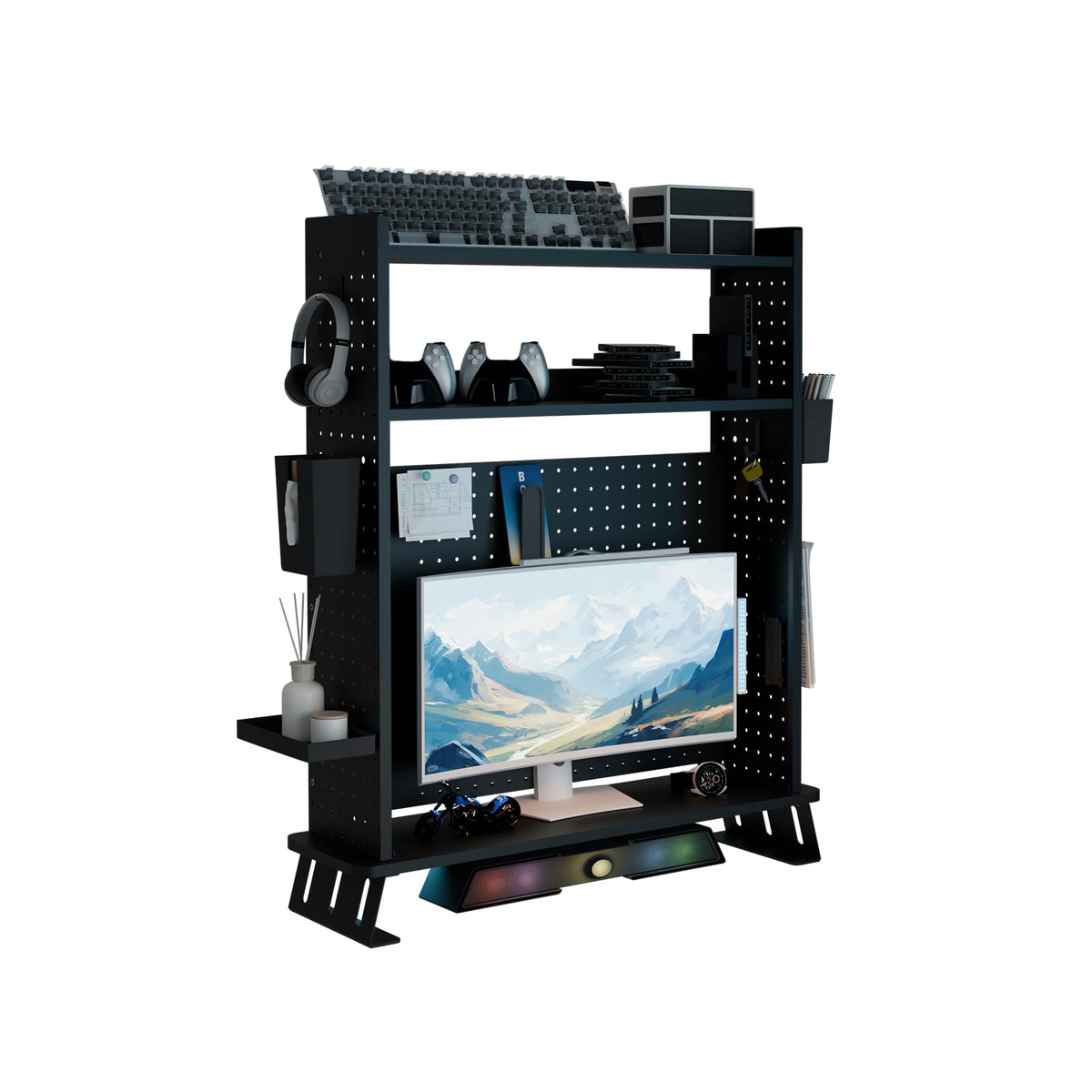 Boltmol 2-Tier Desk Shelf With Monitor Riser,Black 80CM, Desktop Organizer With Pegboard, Countertop Storage Bookcase For Home, Office Or Dorm