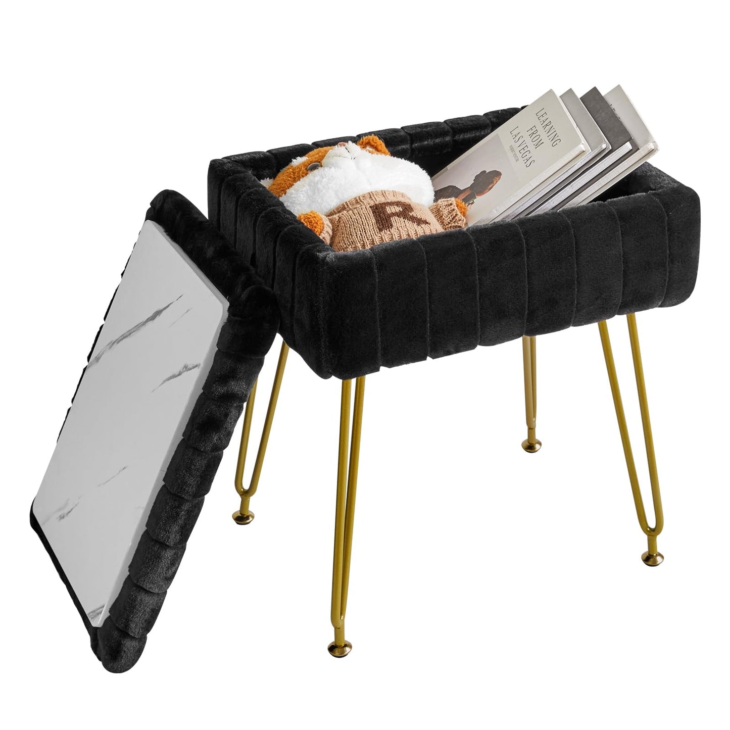 IBUYKE Vanity Stool Chair with Storage, Faux Fur Ottoman, Black L/G-50B