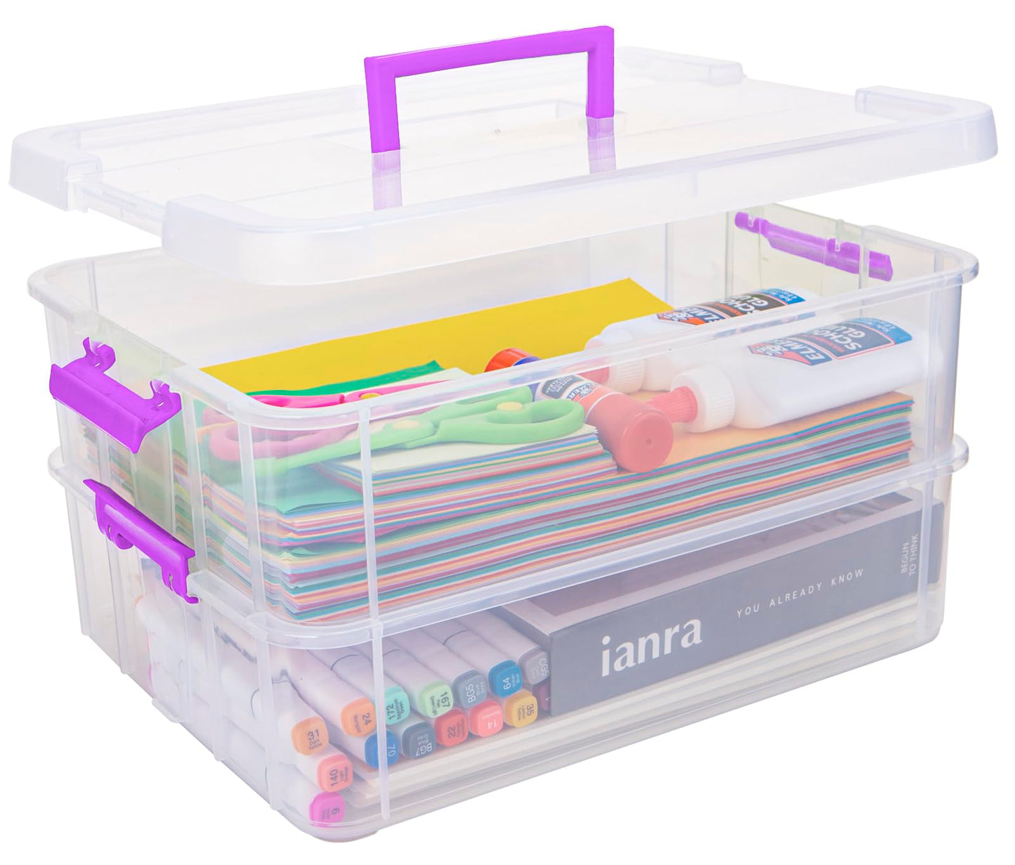 Creahaus 2 Layer Plastic Storage Containers with Lids, Multipurpose Clear Stack & Carry Box
