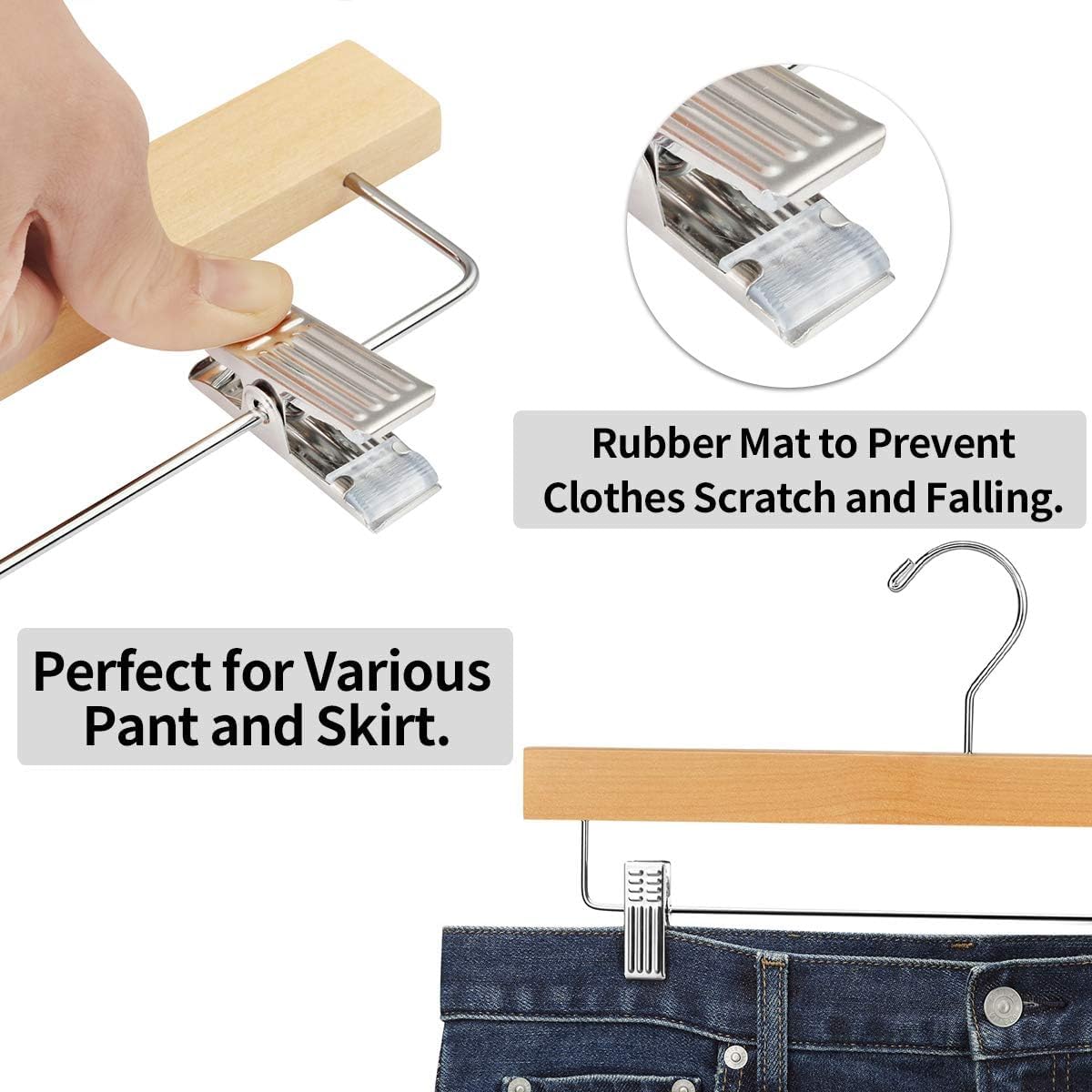 20pcs Wooden Trouser Hangers, 35cm Natural Skirt Coat Hangers with Clips