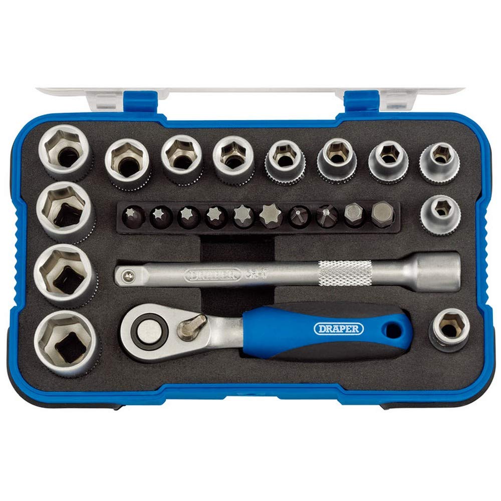 Draper 1/4" 25 Piece Square Drive Metric Socket Set | Micrometre Reversible Hand Tool |Soft Grip Ratchet | 12 Metrics Sockets Mechanics Car Tools |