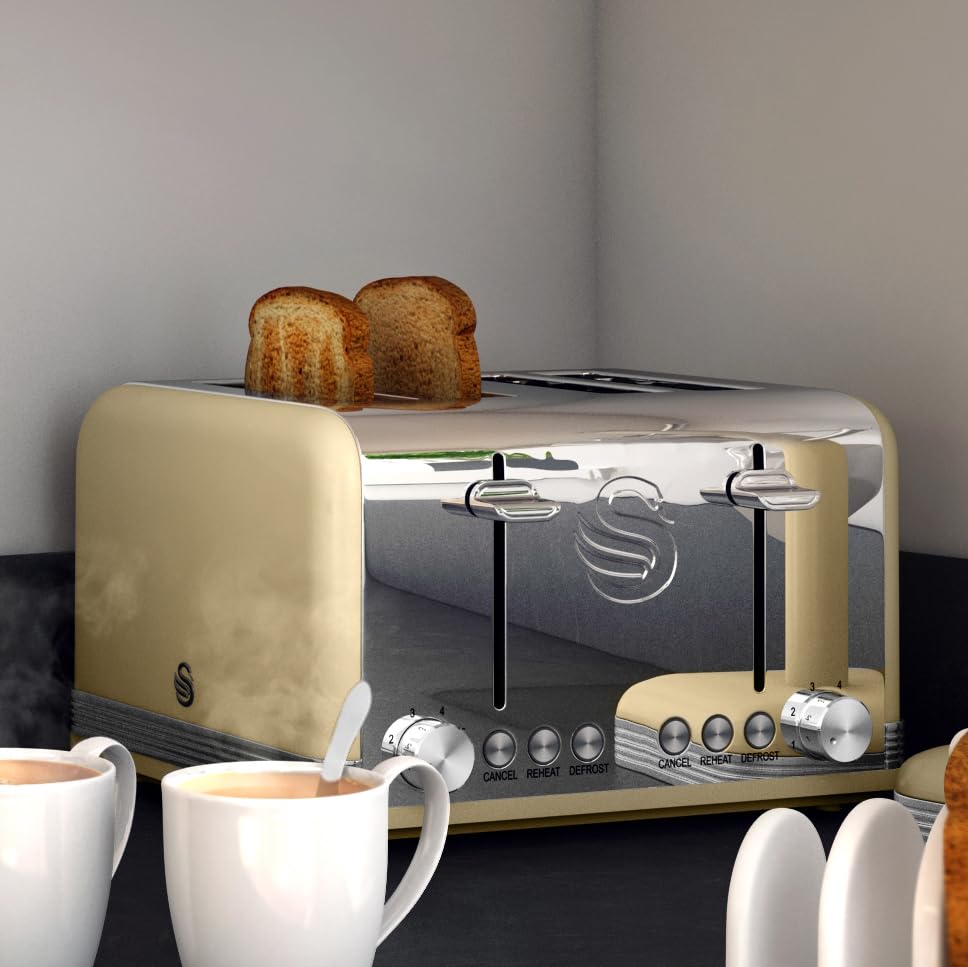 Swan ST19020CN Retro 4-Slice Toaster with Defost/Reheat/Cancle Functions, Cord Storage, 1600W, Retro Cream