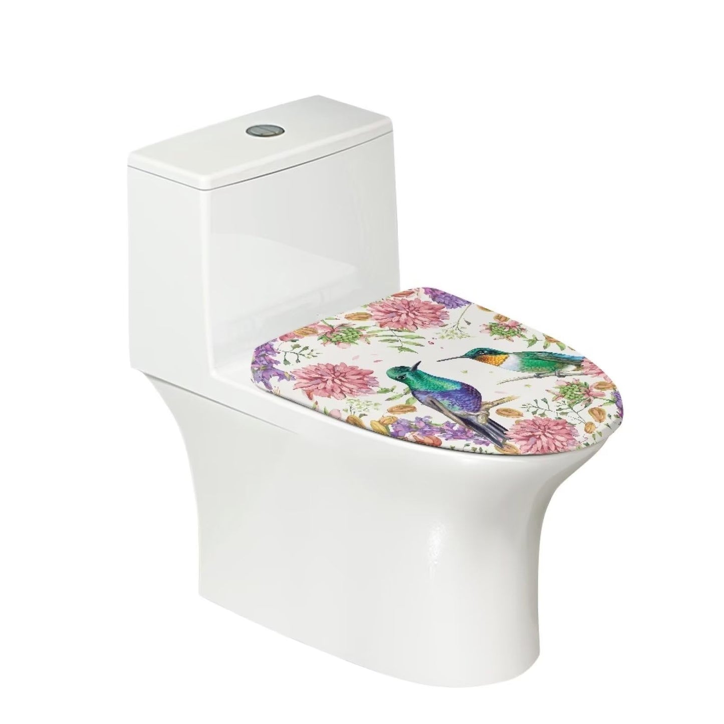 COEQINE Hummingbird Floral Toilet Lid Cover Set Oval Pink Boho Flower Toilet Seat Lid Cover Oval Elongated Bathroom Non Slip With Elastic Edge
