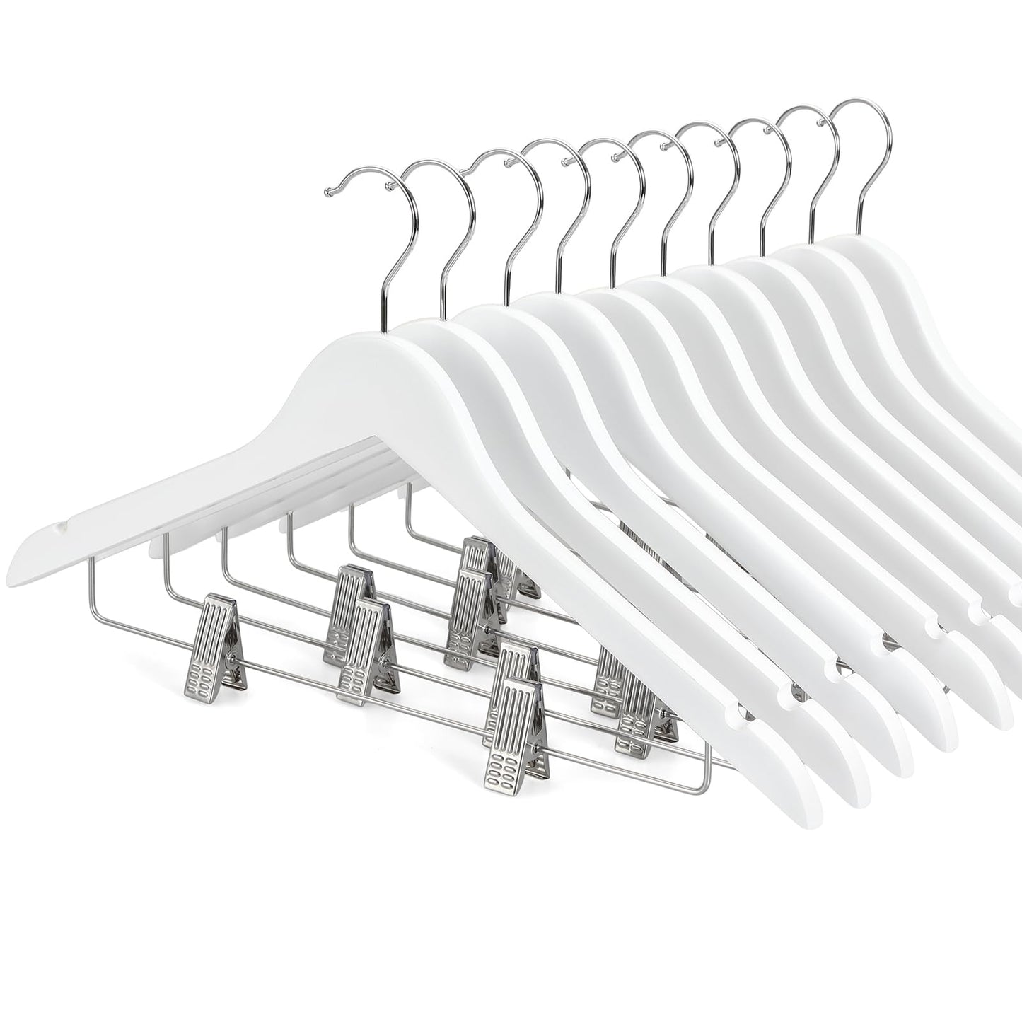 TOPIA HANGER Wooden Suit Hangers with Adjustable Metal Clips (10 Pack), Solid Smooth Wood Clothes Hangers, 360° Swivel Hook