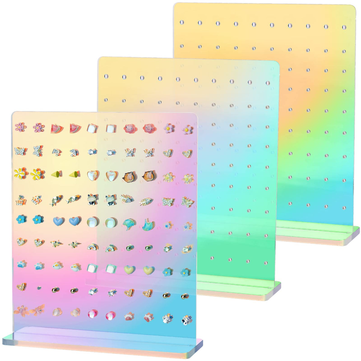 NiHome Iridescent Earrings Holder Display 90 Holes Rainbow Iridescent Ear Studs Jewelry Show Rack Set of 3 Stand Organizer Holder Acrylic Earring