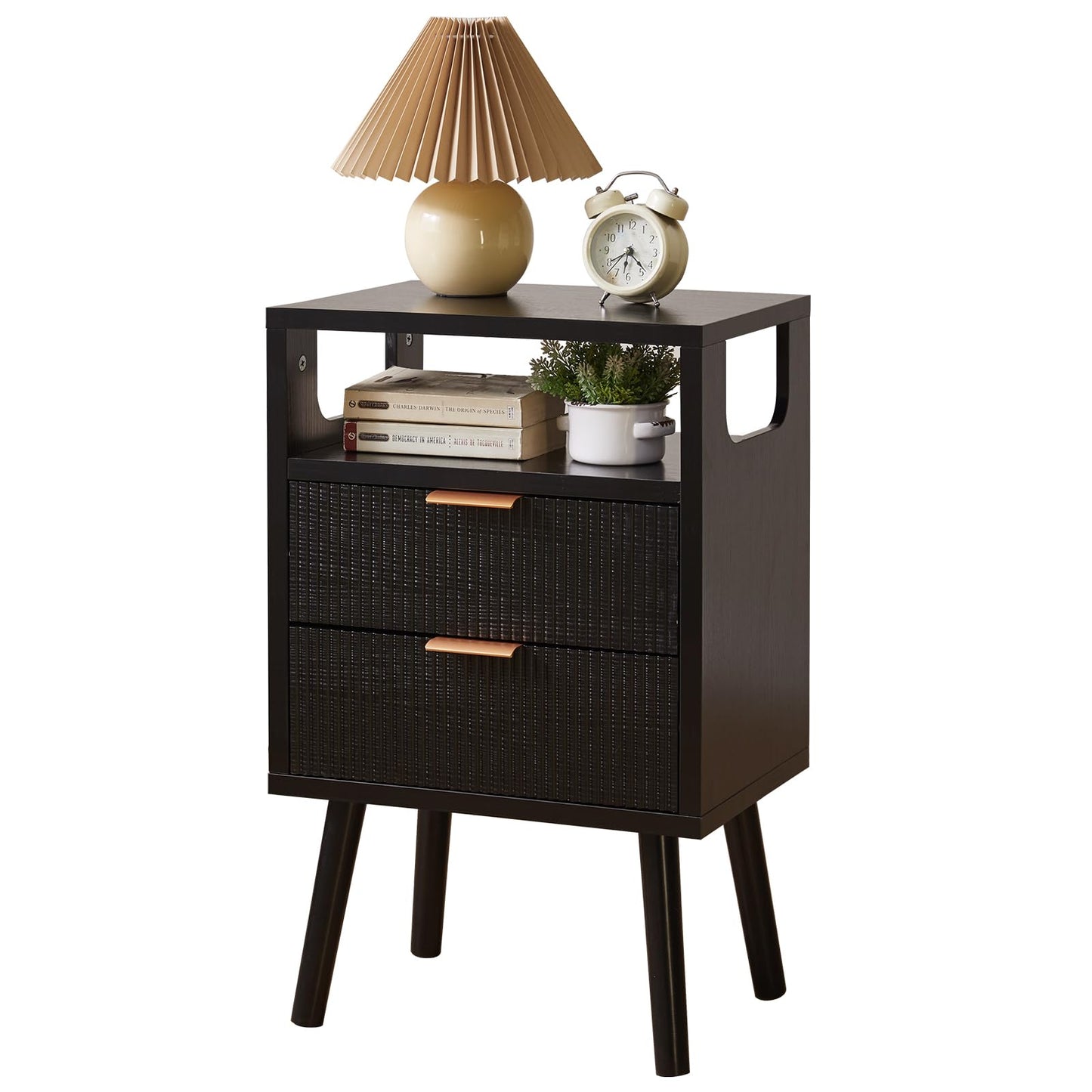 Aibiju Nightstand, Mid Century Modern Bedside Table with 2 Storage Drawers, Open Compartment, Solid Wood Legs, 3-Tier Night Table for Bedrooms