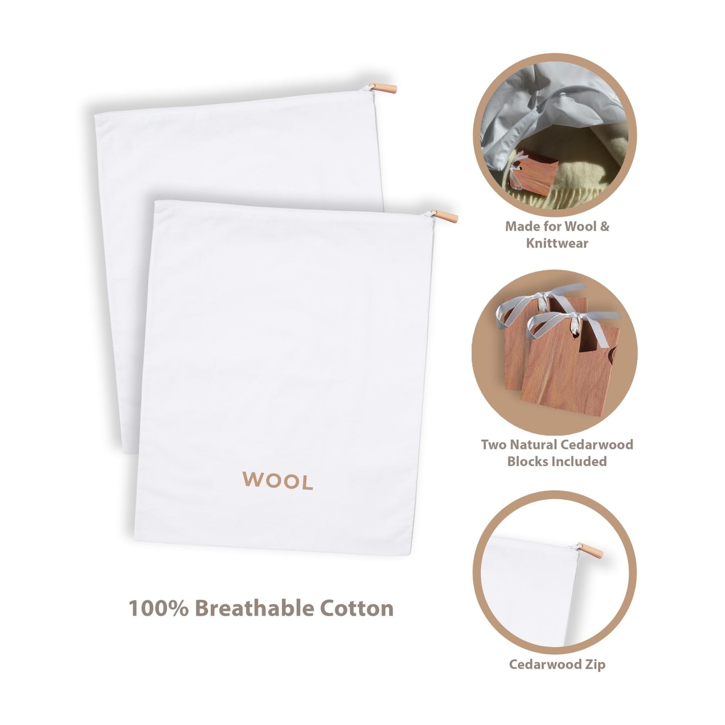 Delicates, Cashmere Wool Sweater Storage Bag Pouch Set with integrated Cedar Wood (Wool)