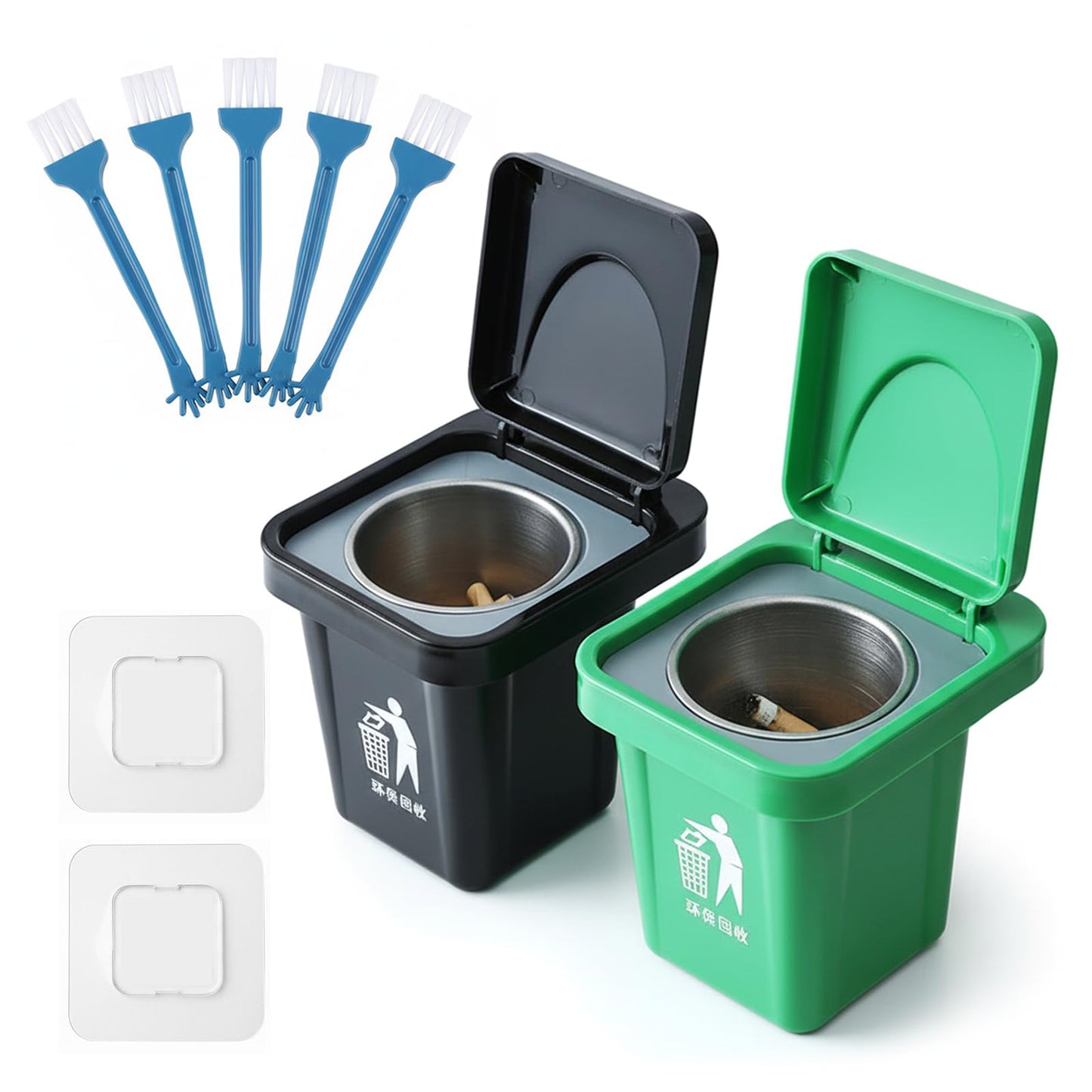 Wall-Hanging Ashtray Can with Brush, Trash Can Ashtray with Lid, Stainless Steel Creative Small Trash Cans with Removable Inner Bucket and Cover