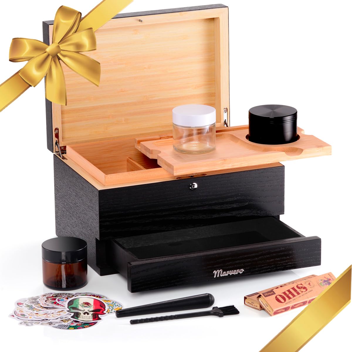 Marvero Large Bamboo Stash Box with Rolling Tray,Black