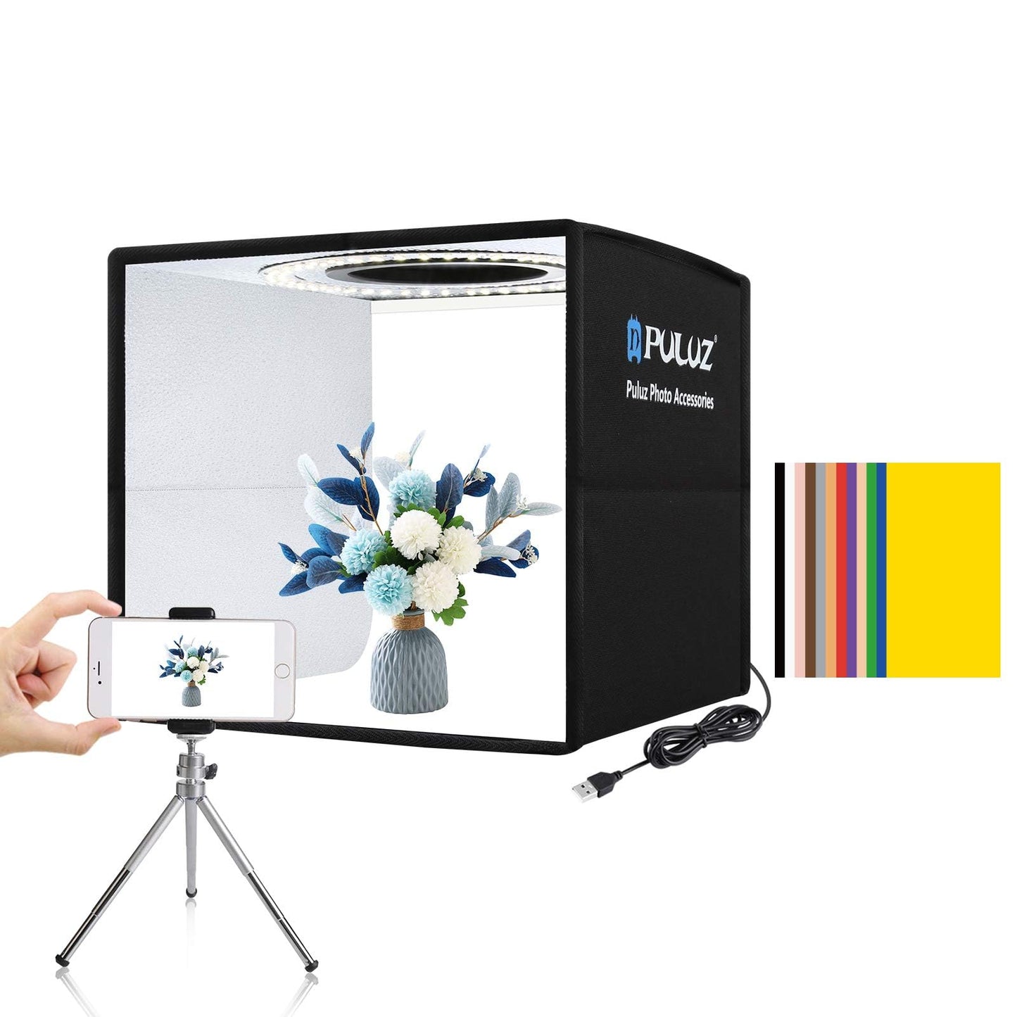 PULUZ Mini Light Box Photography, 25cm Portable Folding Mini Photo Studio Box Tent kit with 104pcs LED Lights CRI ?97+6 Kinds Double-sided Colors