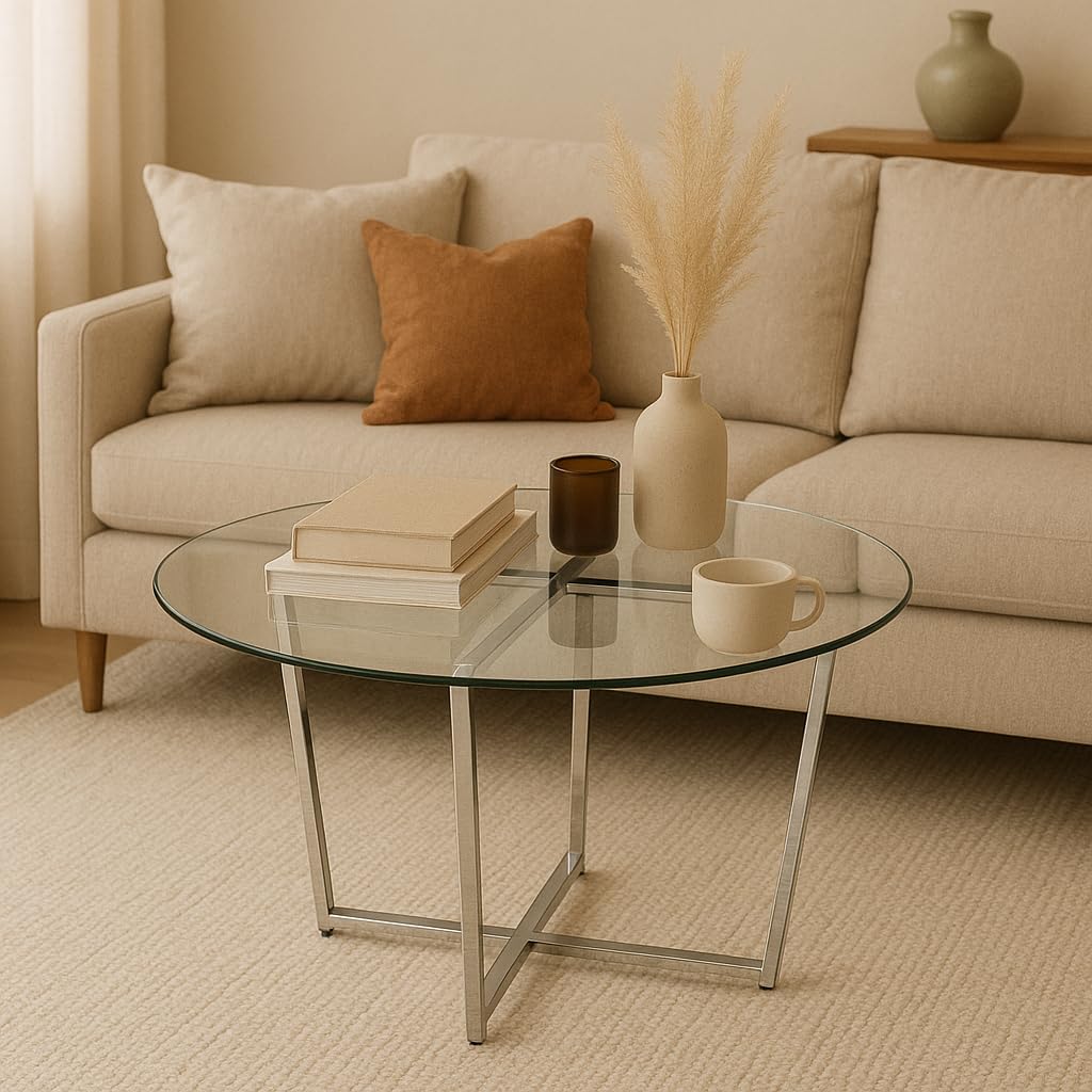 Mango Steam Round Metro Glass Coffee Table/Side Table/for Living Room & Dining Room - Clear Top/Chrome Base