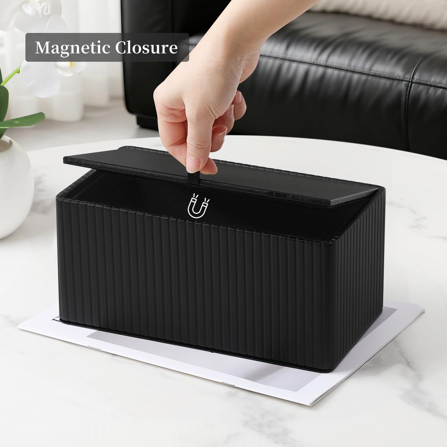 MEIBOOCH Tissue Box Cover Stylish PU Leather Rectangular Tissue Box Holder with Magnetic Bottom Cover for Bathroom Bedroom or Office (Black Stripe)