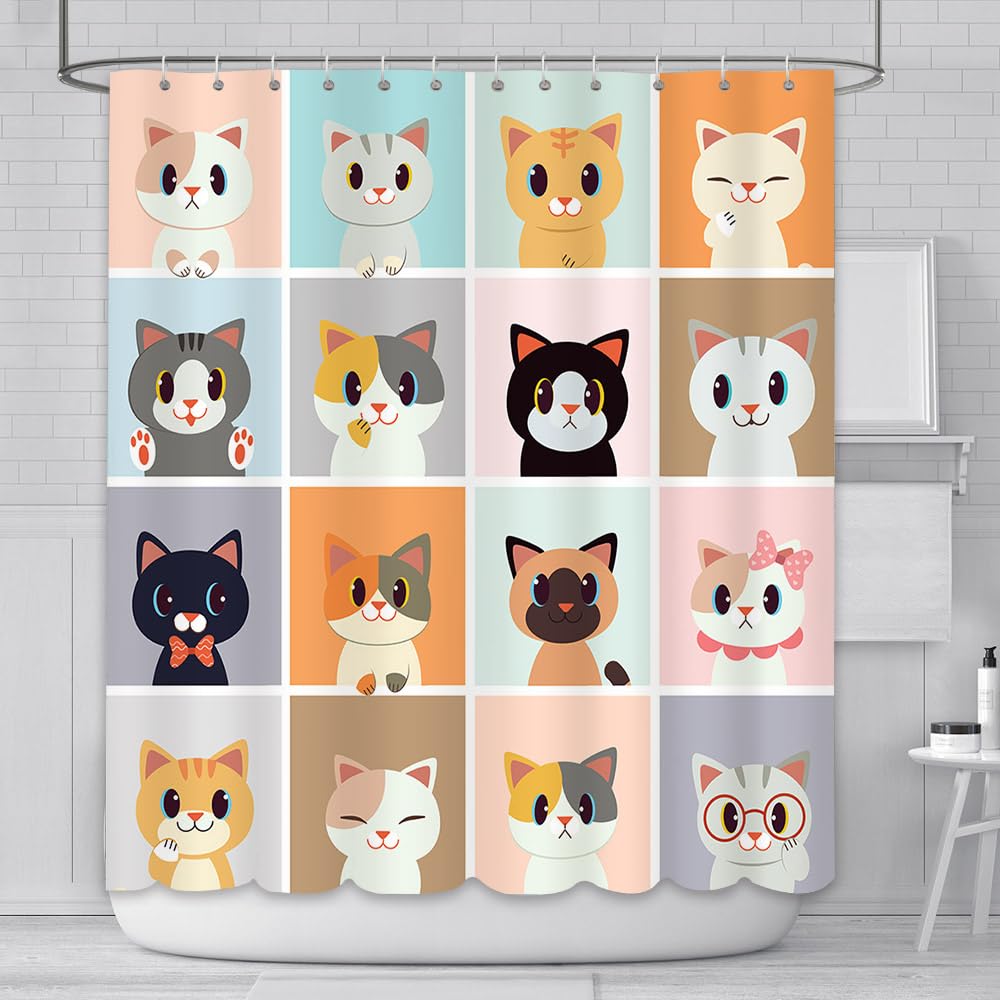 AIBIIN Cat Shower Curtain Cute Fun Animal Colorful Checkered Painting Bath Curtains Durable Waterproof Fabric Bathtub Home Decor with 12 Hooks