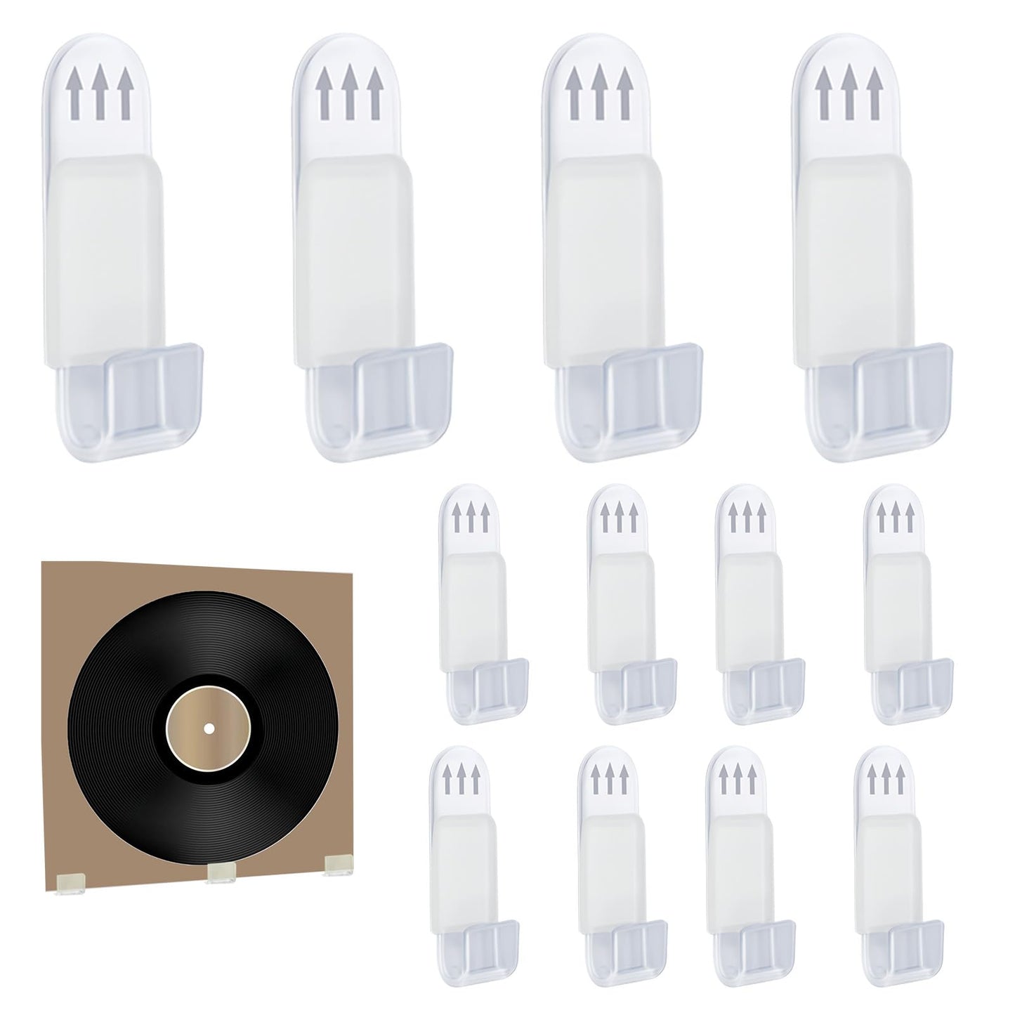 HotoPink 12pcs Vinyl Record Hangers, Self-Adhesive Display Clear Acrylic Hooks, Clear Vinyl Record Display for Single Music Lp Album Cover CD Card