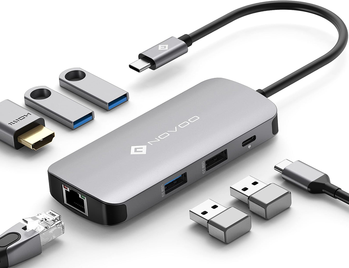 NOVOO USB C Hub Ethernet, 7 in 1 USB C Multiport Adapter, 4K@60Hz HDMI, 1Gbps Ethernet, 3 USB 3.0, USB 2.0, 100W PD, USB C Docking Station, USB-C Hub