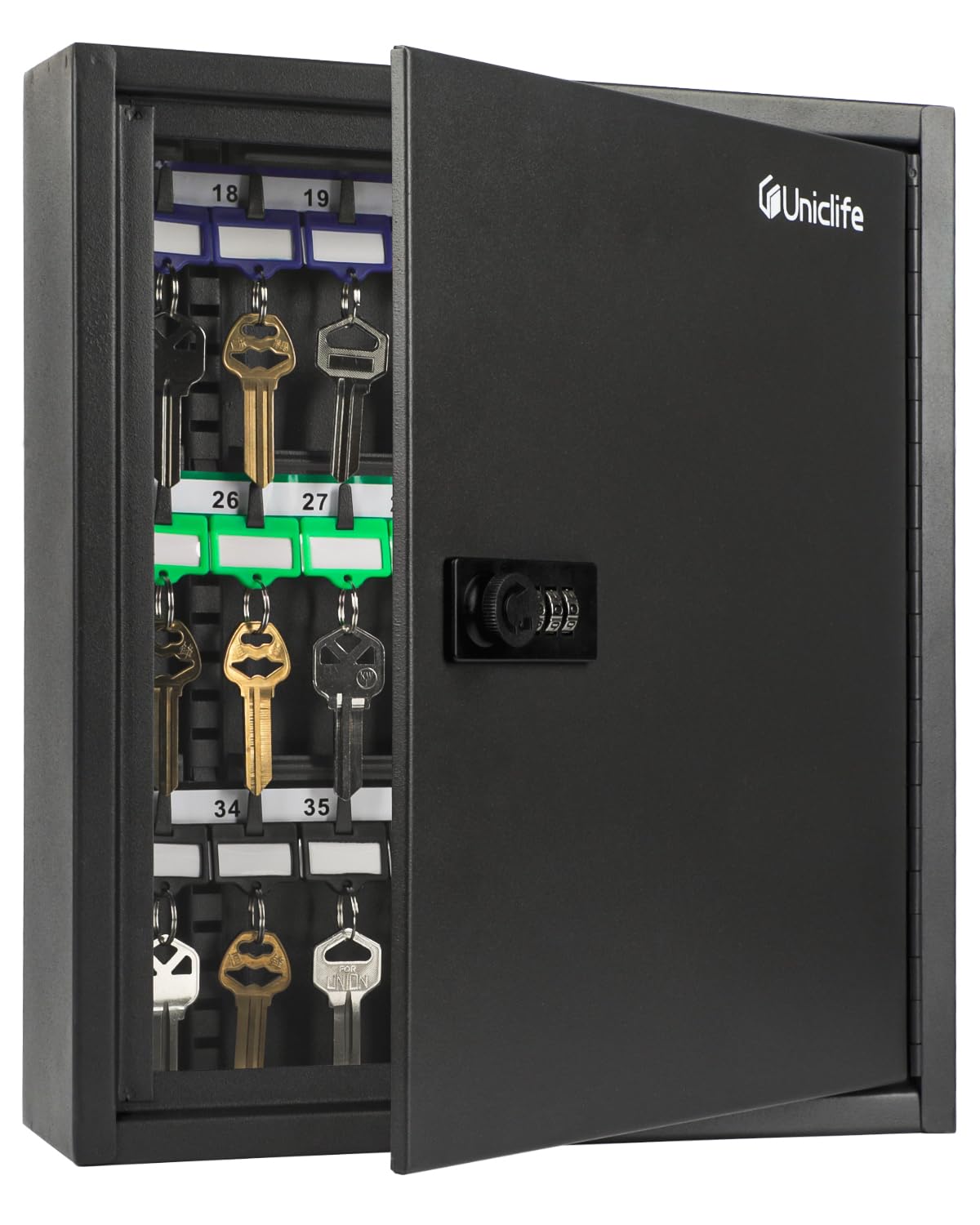 Uniclife 40 Position Key Cabinet with Combination Lock Resettable Black Security Storage Box Steel Key Organizer with Adjustable Racks Colorful Key