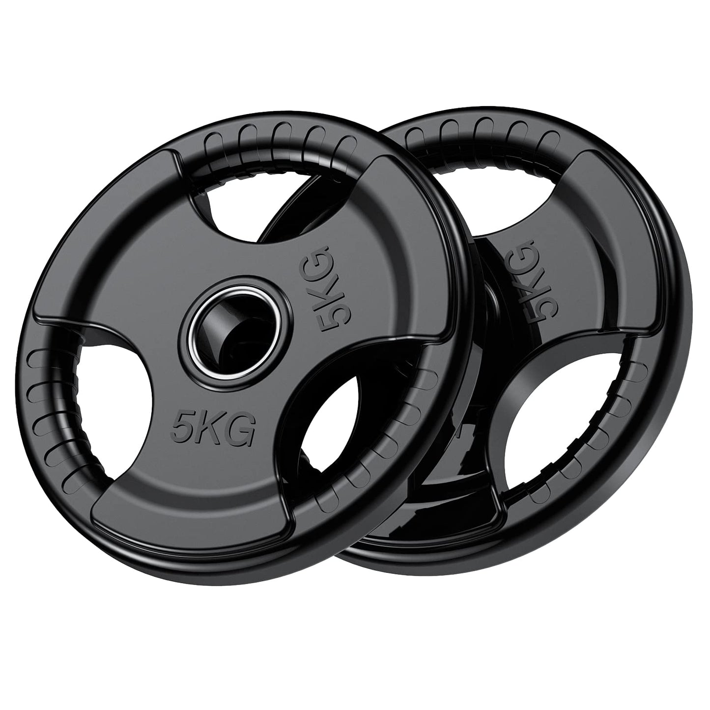 PhysKcal Olympic Weight Plates 2 x 5kg with Rubber Finish 2?? Opening and Tri-Grips, Black Barbell Plates Discs in Pair or Single for Lifting and