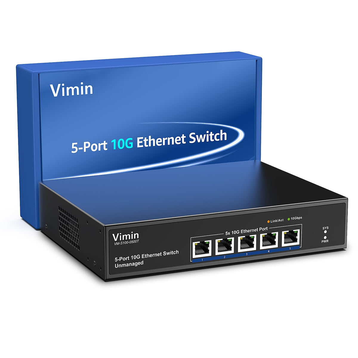 5 Port 10G Switch Unmanaged, VIMIN 10G Network Switch 5 Port Support 100M/1000M/2.5G/5G/10G Speed Auto-Negotiation, 10G RJ45 Port Switch for 10G NAS