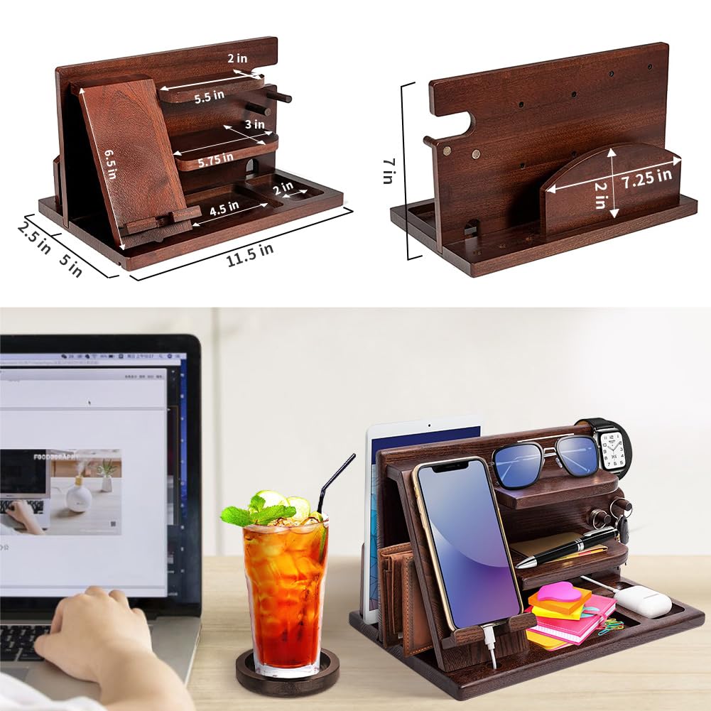 AliveByte Men's Bedside Organiser - Wooden Phone Docking Station & Table Organiser - Brown - 3 Levels - Easy Assembly - Gift for Him