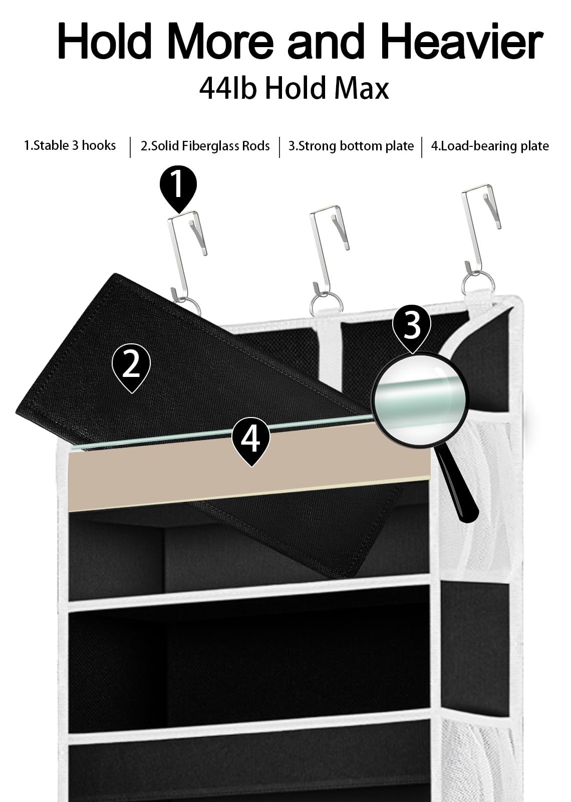 TAHAVICE Over The Door Storage Organizer with 5-Shelf, Door Organizer Hanging 3 Metal Hooks,10 Mesh Pockets(Black)