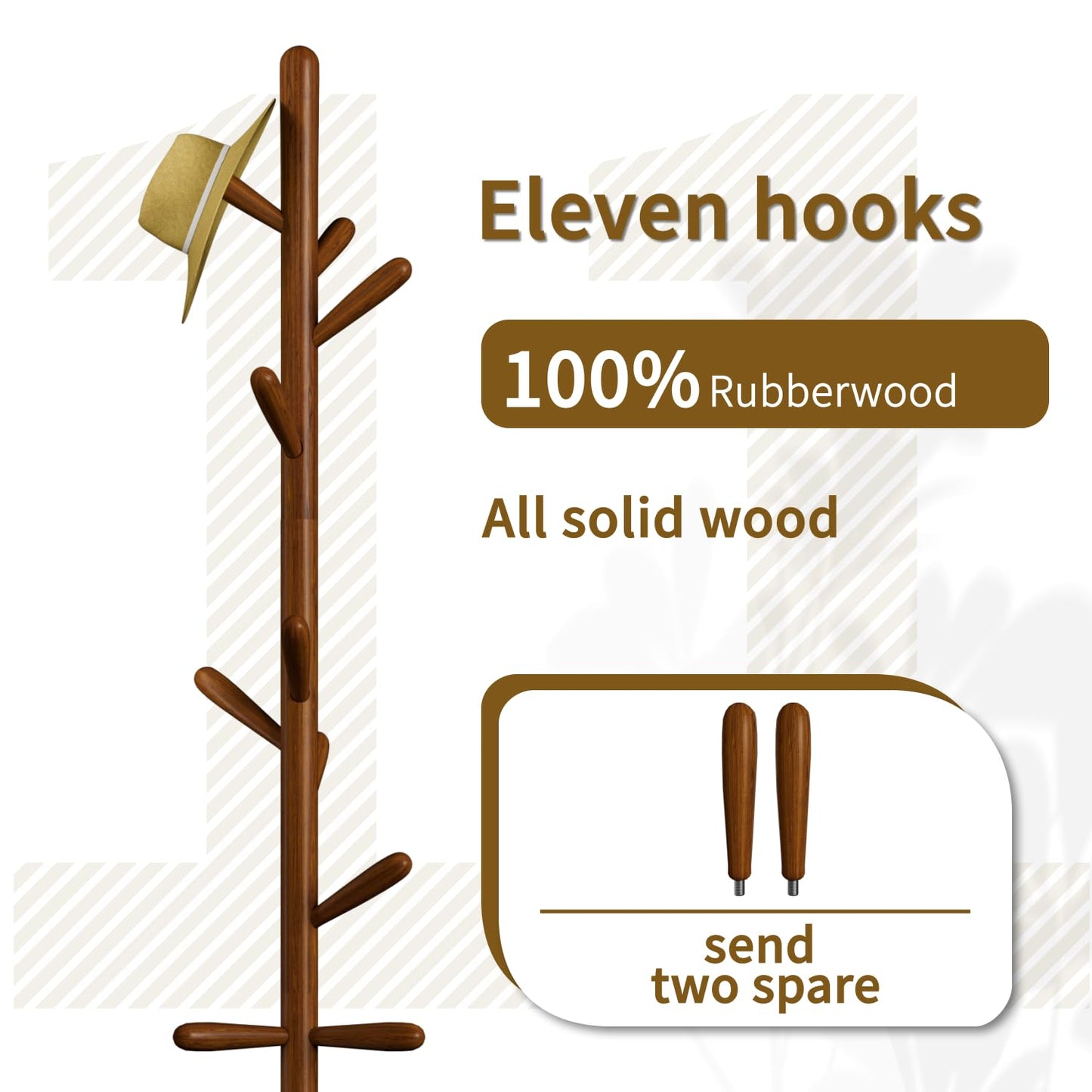 Awatiwa Solid Wood Coat Rack, Freestanding Tree-Shaped Coat Rack with 11 Hooks, Main Pole 1.6" dia for Clothes