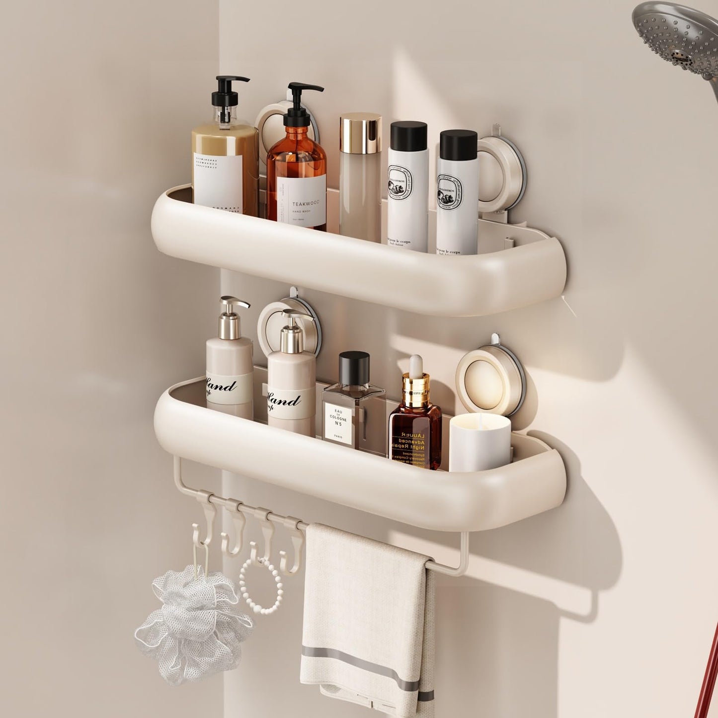 Voldra Shower Caddy Suction Cup, Arc Adhesive Bathroom Shelves Shower Storage Wall Mounted Bathroom Caddy Stick on Shower Organiser Rack With 4