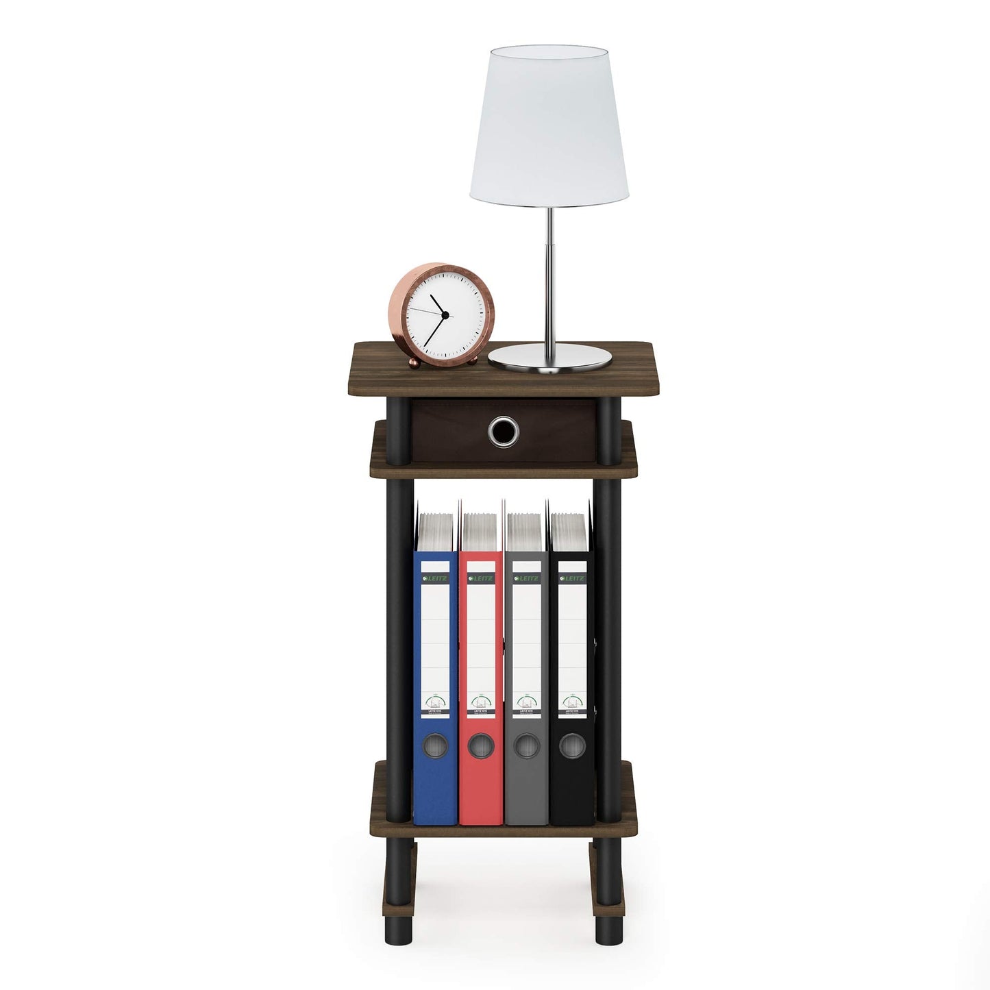 Furinno TURN-N-TUBE Side Table, 3-Tier End Table with Storage Bin, Open Shelf Night Stand, Bedside Table, Toolless Assembly, for Living Room, Bedroom