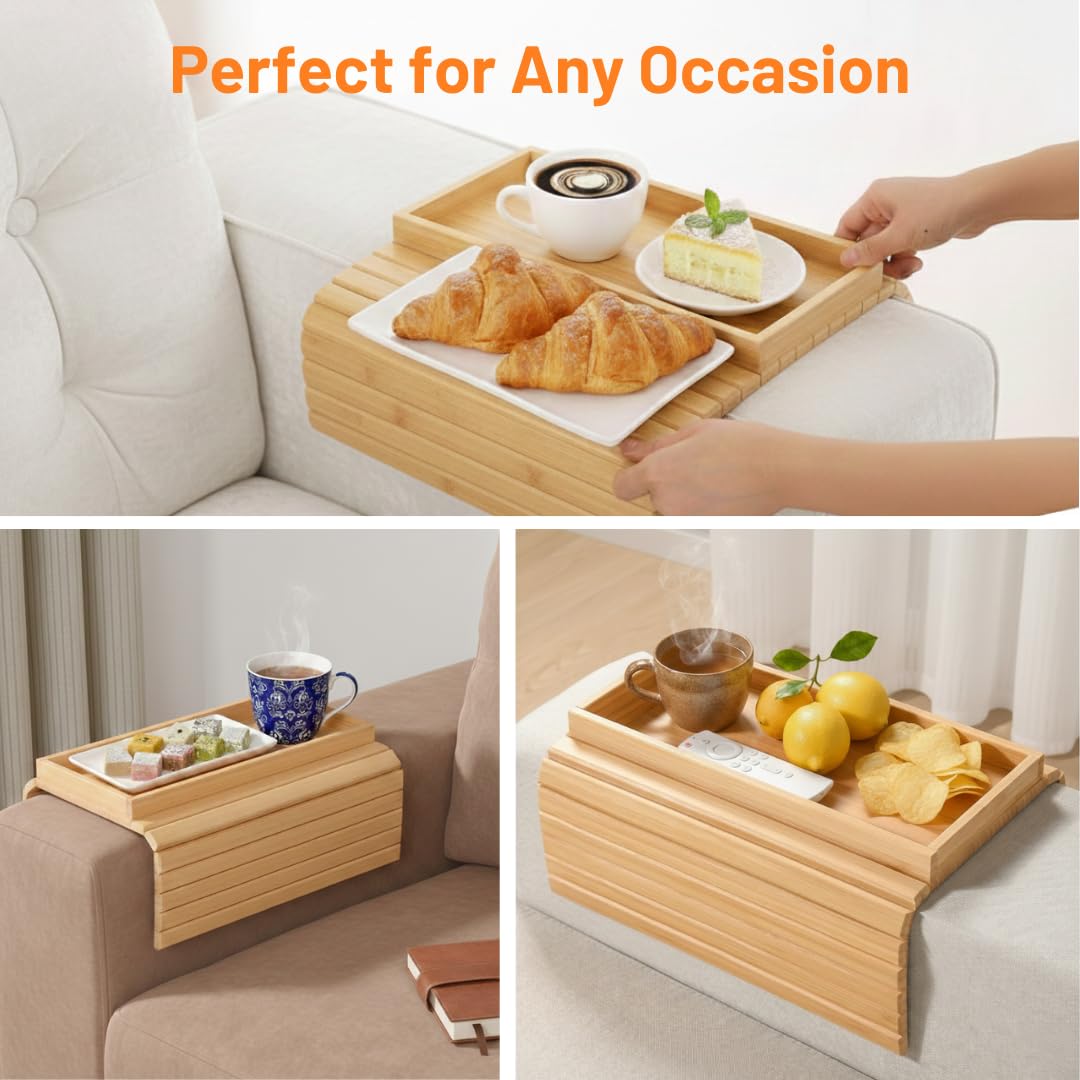 Bamboo Couch Arm Tray Table, Large Sofa Armrest Tray with Raised Edges, Anti-Slip Foldable Couch Cup Holder, Armrest Organizer for Drinks, Snacks
