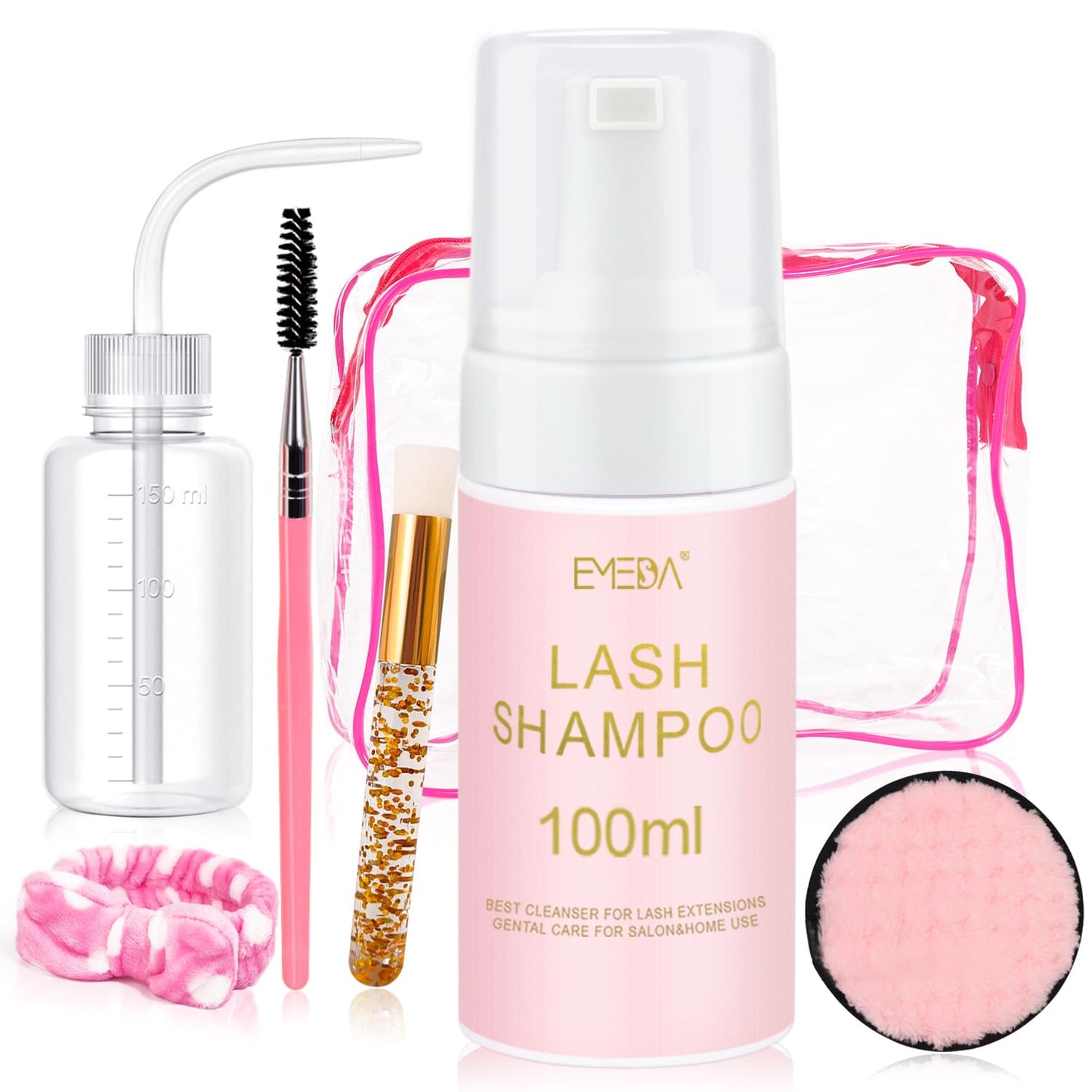 100ml/3.38oz Eyelash Shampoo for Lash Extensions Lash Cleaning Kit for Cluster Lashes Eyelash Brush Wash Bottle Hair Band Oil Free Foam Cleanser Lash