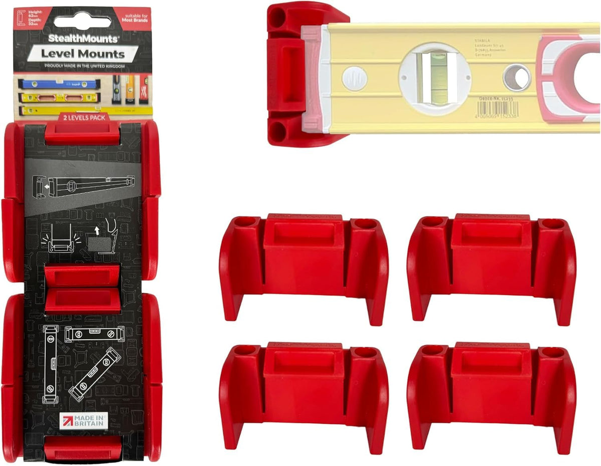 StealthMounts Universal Level Holder ? 2 Pack Red Wall Mounts for Spirit Levels | Fits Most Brands | Locking Level Brackets for Workshop, Garage & Van