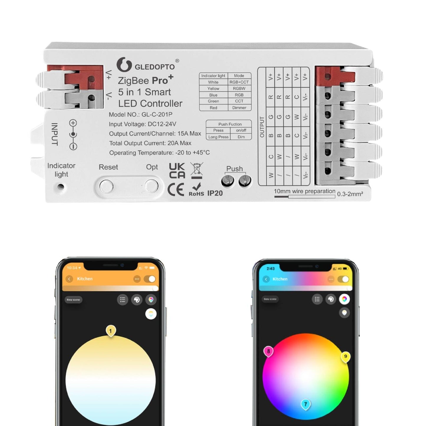 GLEDOPTO ZigBee 3.0 Pro+ 5 in 1/3 in 1 LED Controller 20A Max RGBCCT/RGBW/RGB/CCT/Dimmer Work with Alexa H*ue Tuya Smart Life APP Control (201p-5 in 1