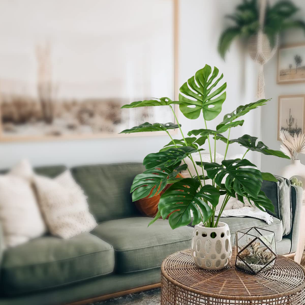 Sour Lemon 28" 2 Pack Fake Plants Large Tropical Palm Tree Artificial Monstera Faux Plant Tree in Pot for Indoor Outdoor Home Office Garden Decoration