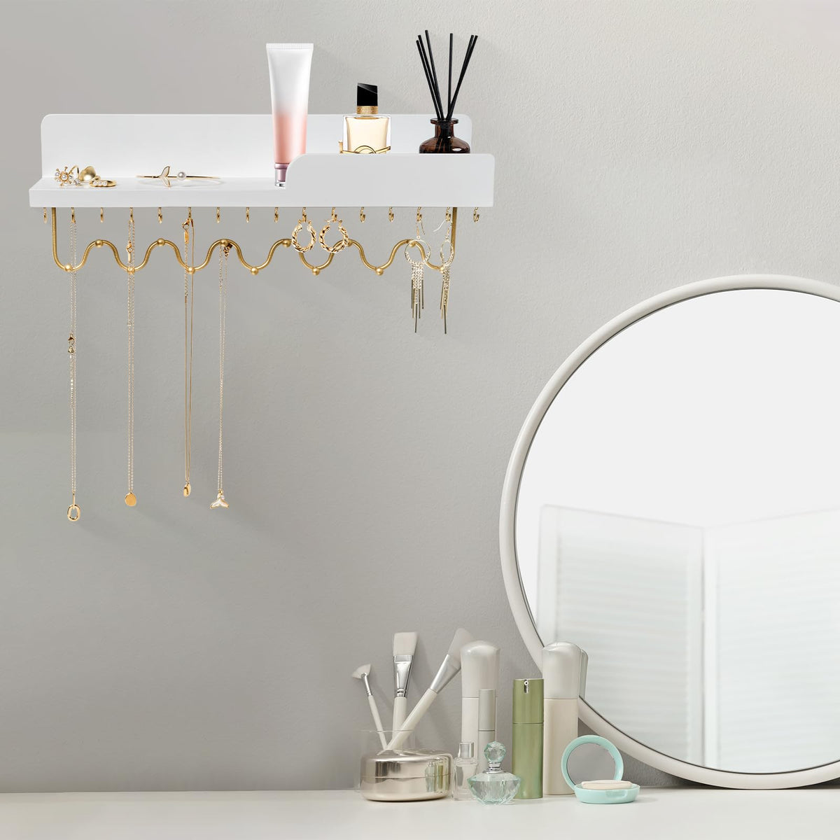 Lampaggio 29 Hooks Wall Mount Necklace Holder Organizer, White Decorative Wood Jewelry Shelf with Gold Metal Wave Bar and Guardrail for Necklace