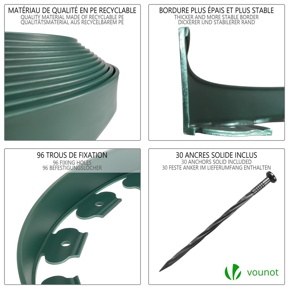 VOUNOT 20m Flexible Lawn Edging, Plastic Garden Edging Border with 60 Strong Securing Pegs, Height 5cm, Green