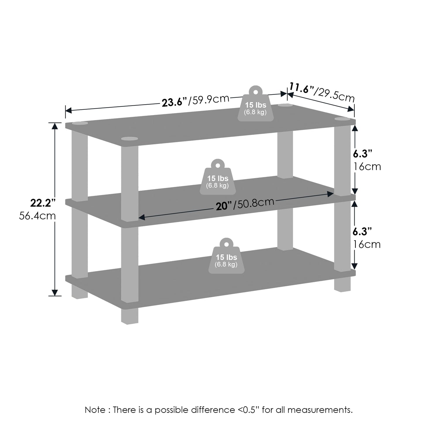 Furinno TURN-S-TUBE Storage Shelves Set of 2, 3-Tier Stackable Standing Shelf, Open Corner Shelf, for Organization and Storage, Living Room, Garage