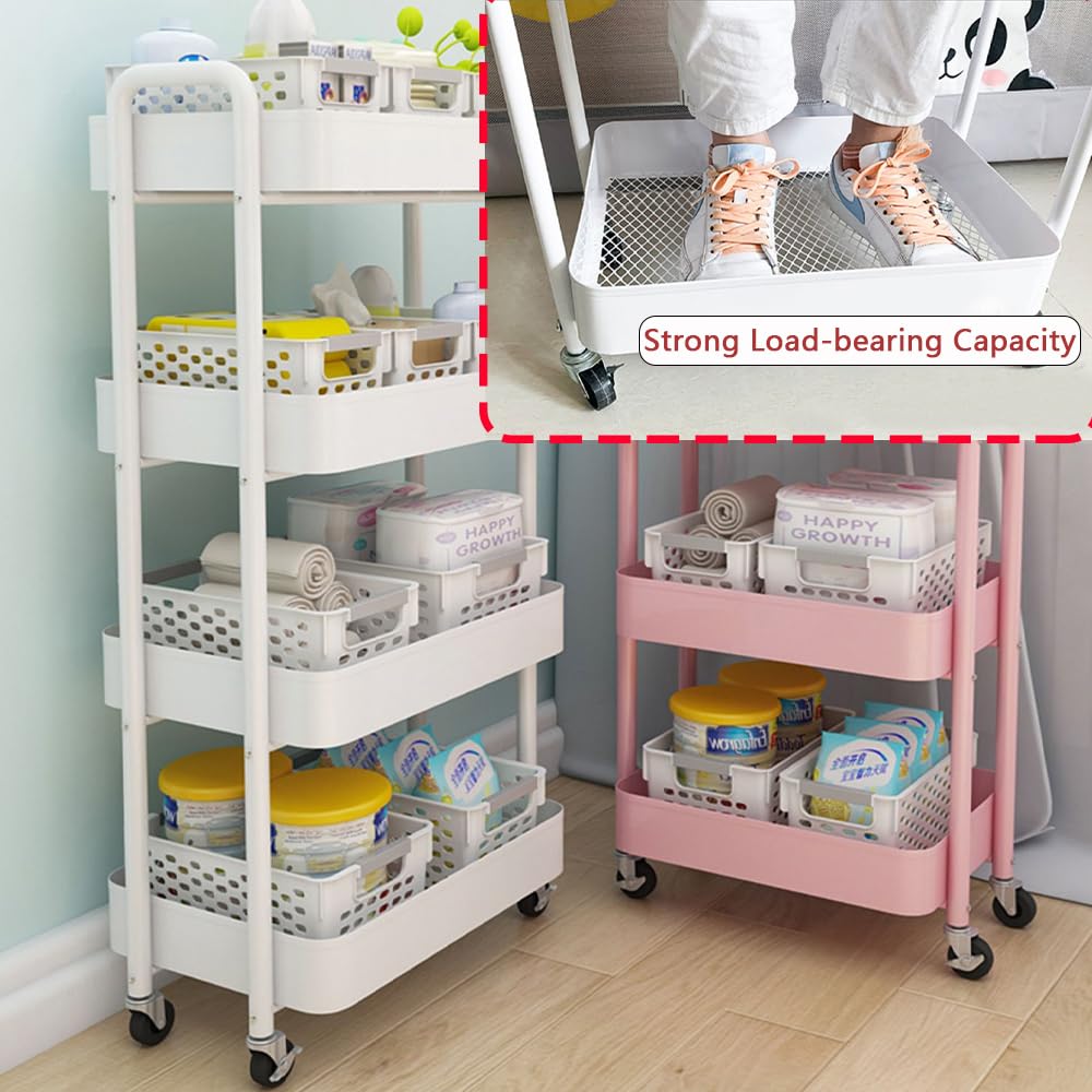 Heavy-Duty Iron Mesh 4-Tier Storage Rolling Cart Trolley Mobile Shelving Organiser with Swivel Wheels for Kitchen Bedroom Bathroom Laundry Office