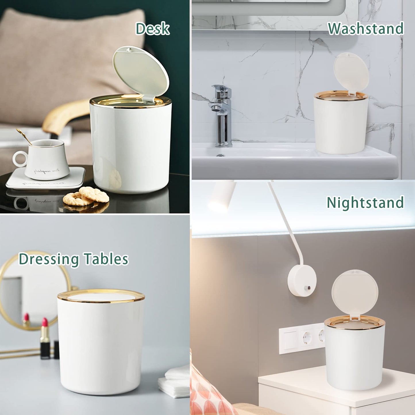 Desk Bin with Lid, Mini Table Trash Can,15 * 14.5cm Portable Small Dustbin for Bathroom Living Room Kitchen Car Dressing Table (White)