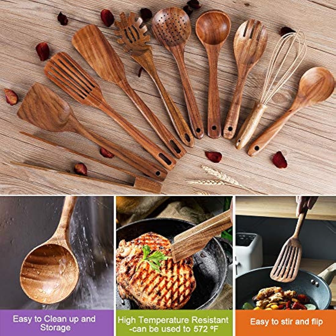 Kitchen Utenails Set with Holder,Kitchen Wooden Utensils for Cooking, Wood Utensil Natural Teak Wood Spoons for Cooking,Wooden Kitchen Utensil Set with Spatula and Ladle (11)