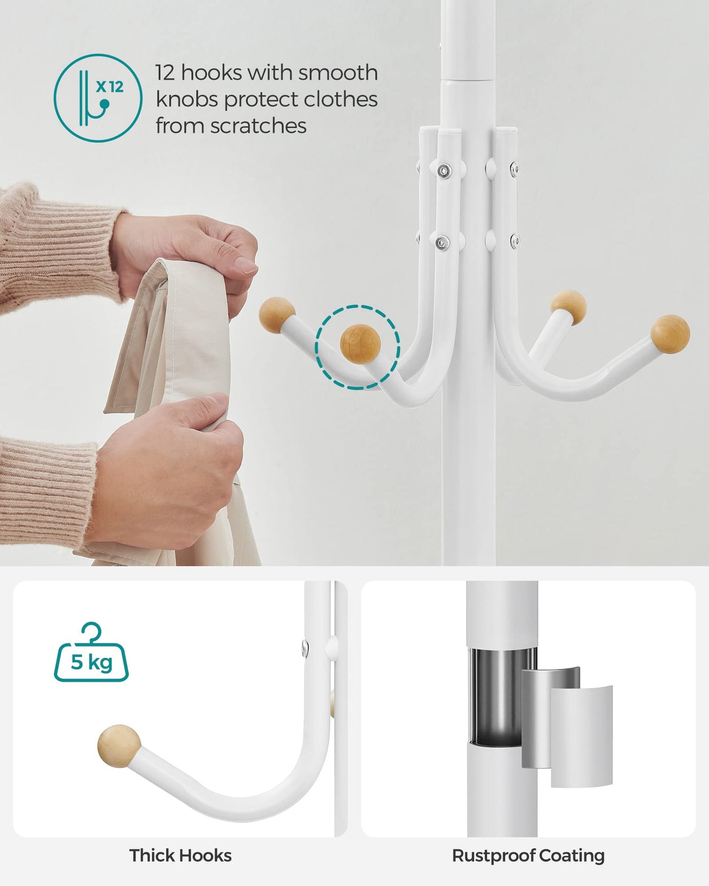 SONGMICS Coat Stand, Metal Coat Rack with 12 Hooks, 4 Legs, Hang Coats, Jackets, Hats, Bags, for Hallway Bedroom Office, White RCR031W01