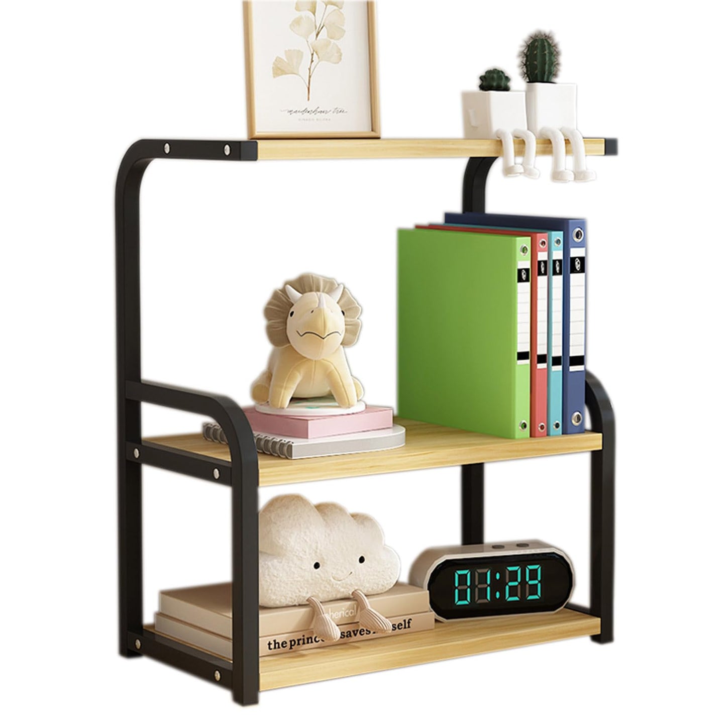Numjeg Wood Desktop Bookshelf 3-Tier Rack Black Metal Frame Supplies Storage Bookcase Suitable Office Desk Shelf Organizer Shelf for Top of Desk and