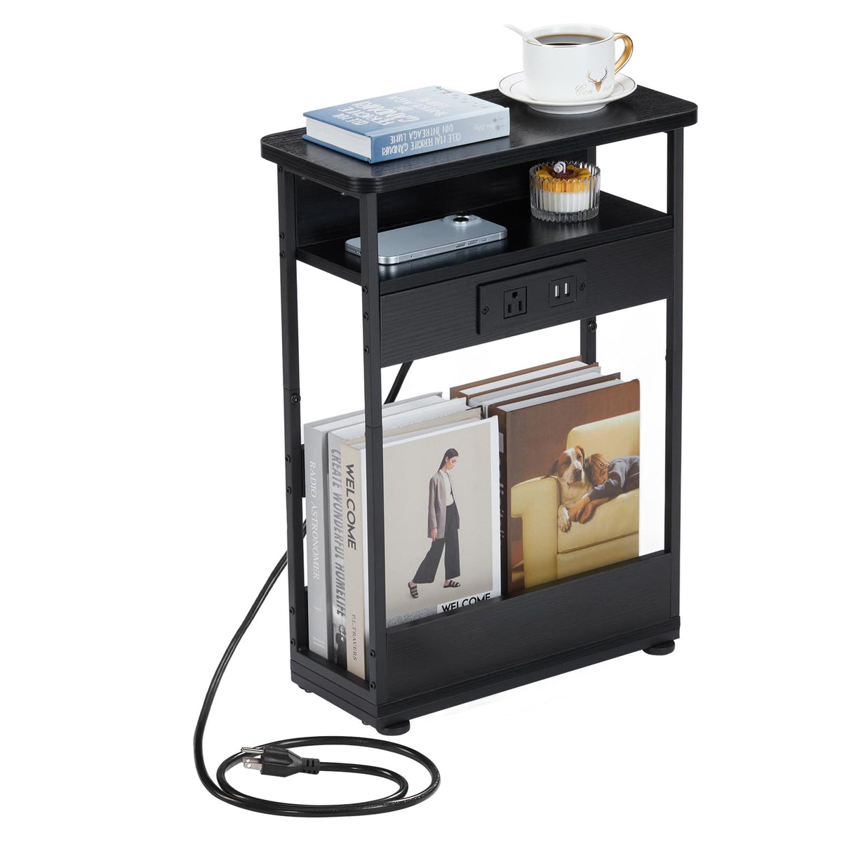 YEAKOO Narrow Side Table with Charging Station, 3-Tier End Table with 2 USB Ports & Power Outlets,Thin Sofa Side Table for Narrow and Small Spaces,