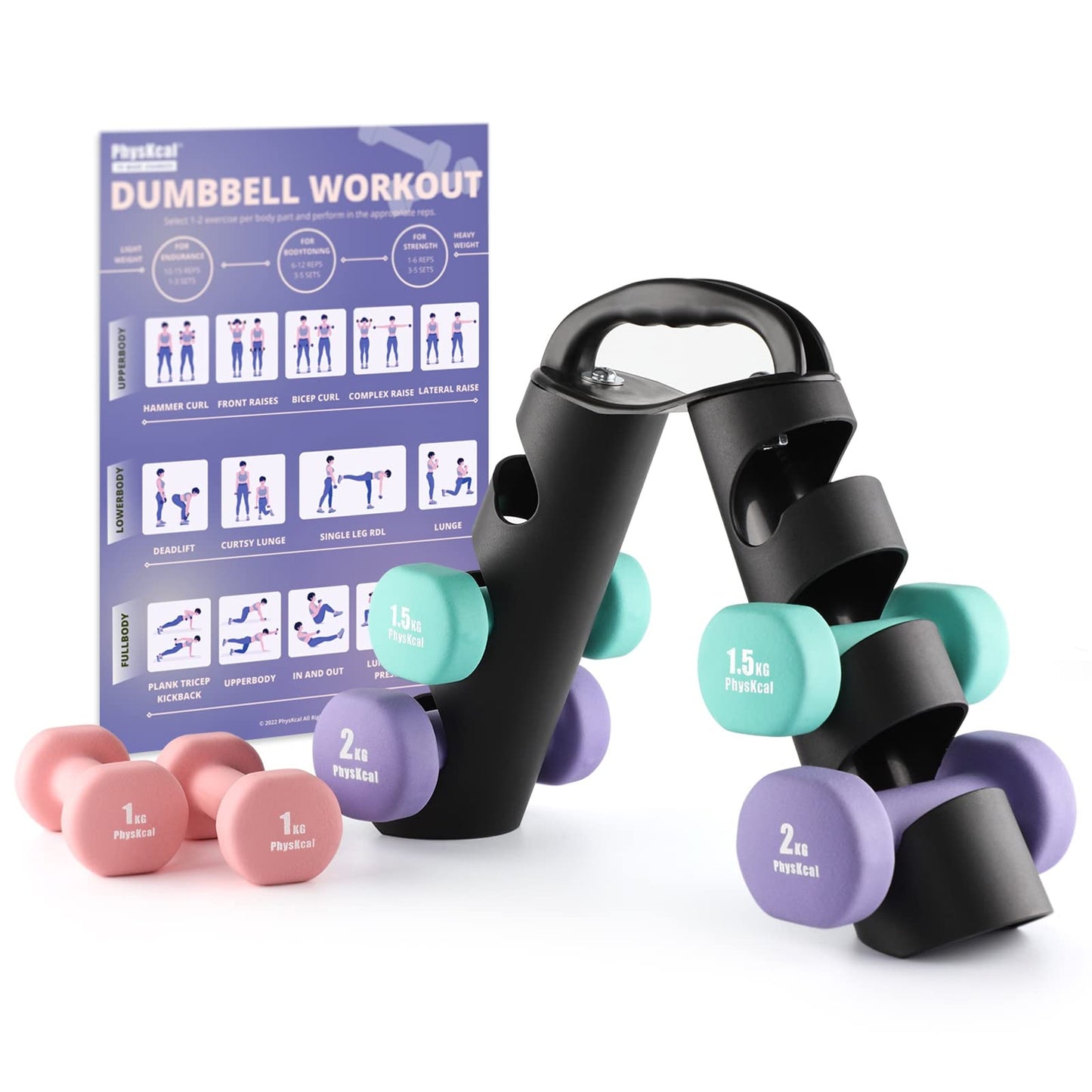 PhysKcal Dumbbells Set with Carry Stand, 2 x 1kg, 2 x 1.5kg, 2 x 2kg, Neoprene Coating Soft Grip Arm Weights for Women, Hand Weights Set for Ladies,