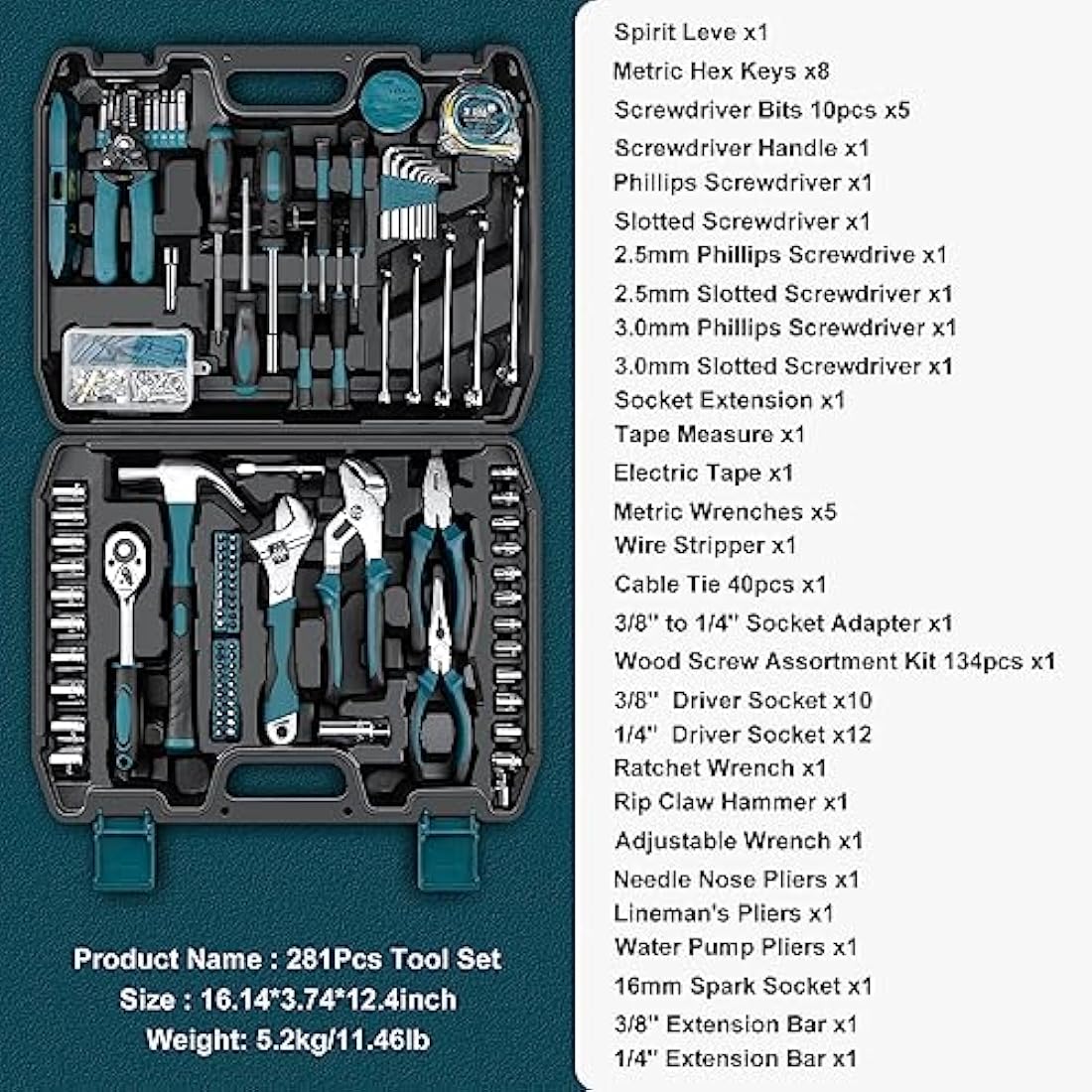 Sundpey Home Tool Kit 281-PCs - Protable Complete Basic Hand Repair General Tool Sets for Men Women - Tool Set with Socket Wrench Set & Screwdriver Set & Metric Hex Key & Pliers & Tool Box Case