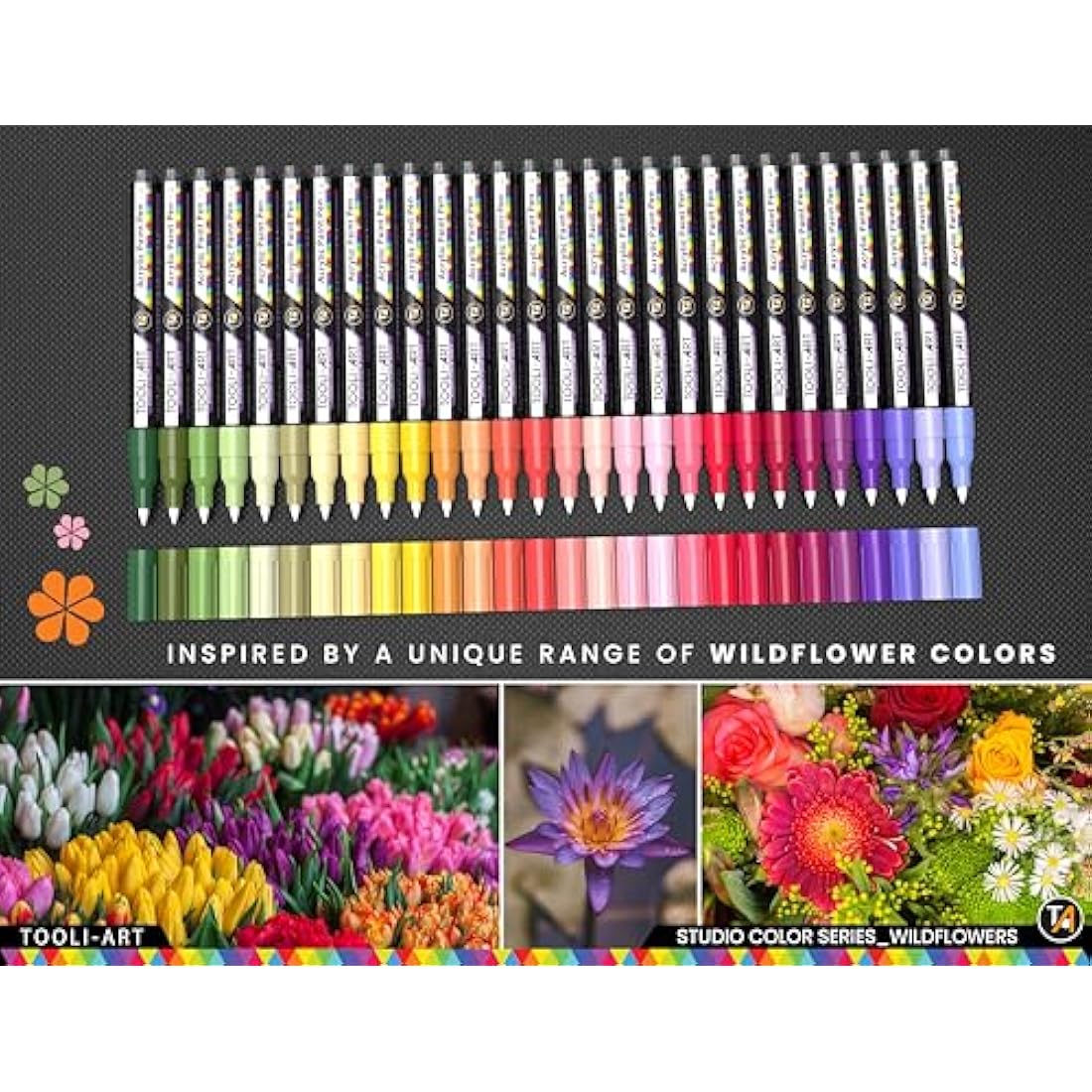 TOOLI-ART 28 Wildflower Acrylic Paint Pens Studio Colour Series Markers Set 0.7mm Extra Fine Tip, Rock Painting, Glass, Mugs, Wood, Metal, Canvas, DIY, Detailing. Non Toxic, Waterbased, Quick Drying