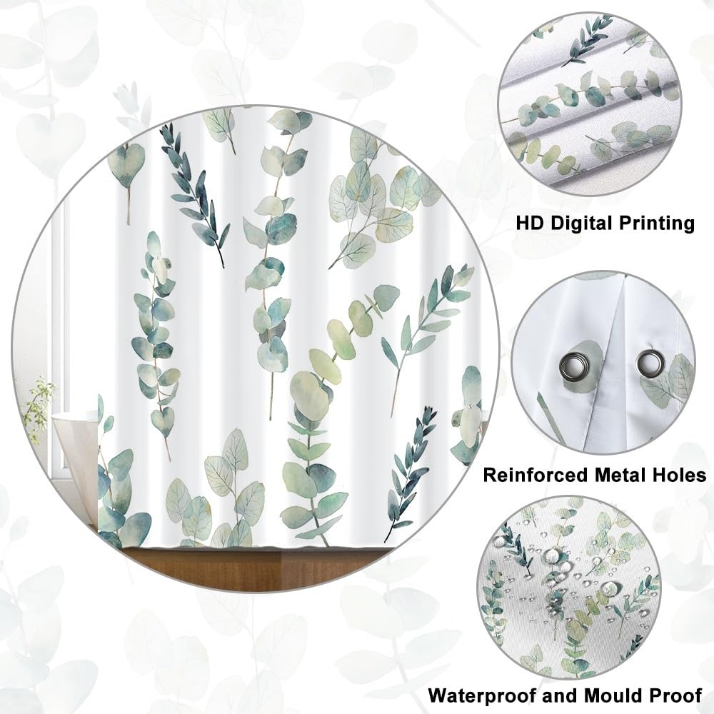 Uiiooazy Eucalyptus Shower Curtain, Blue Gray Leaves Pattern Bath Curtain Mildew and Mould Resistant Waterproof Polyester Fabric Washable Opaque