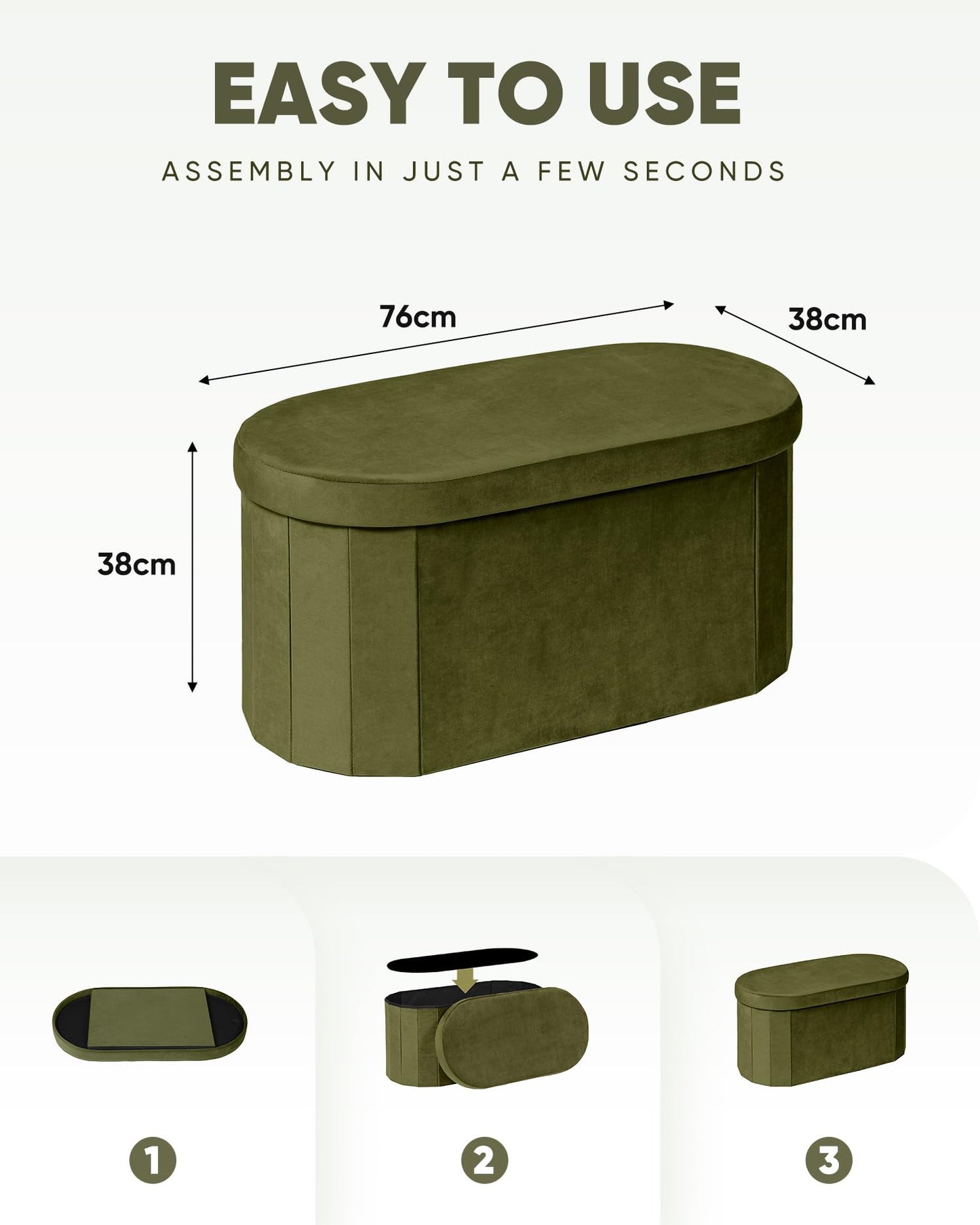 Bonlife Velvet Ottoman Storage Bench, Foldable Storage Chest with Lid,Oval Footstool for Living Room Bedroom Hallway, 76x38x38cm,Olive
