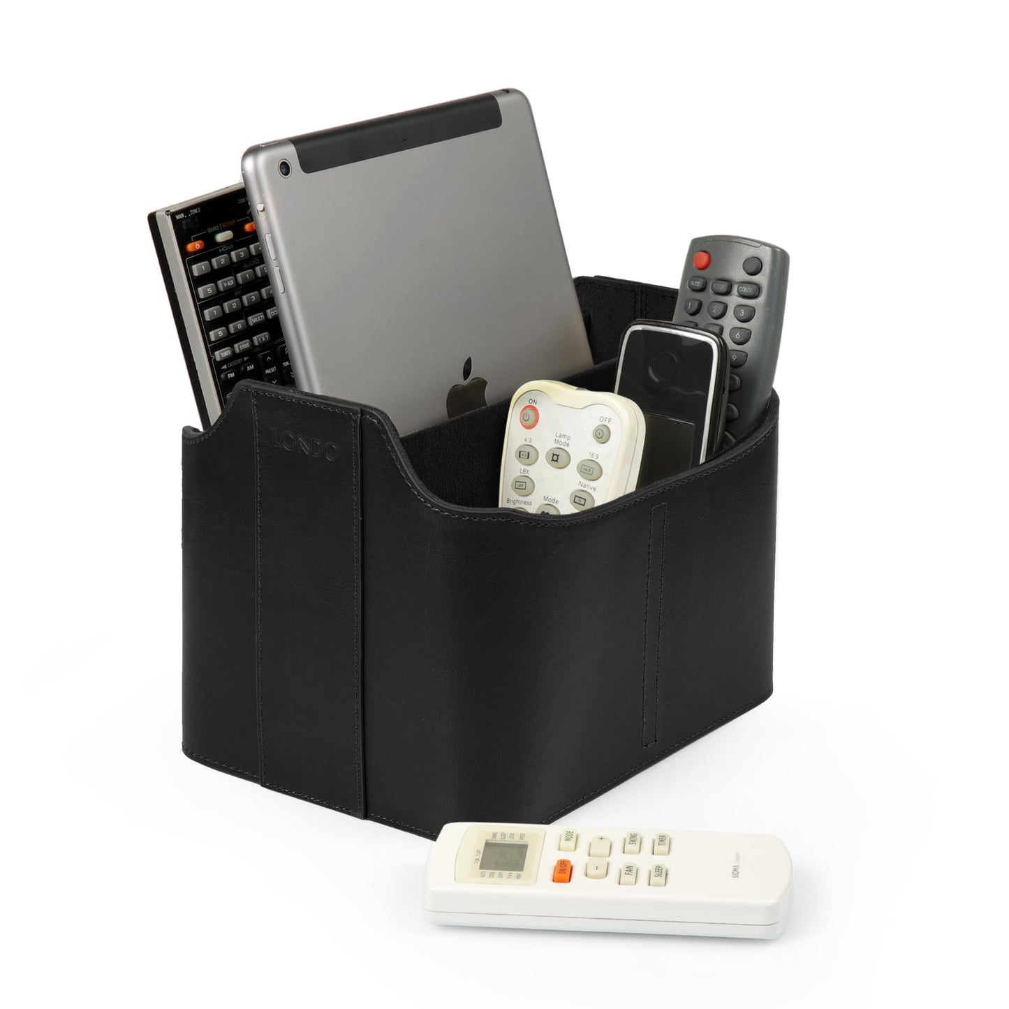 LONDO Leather Remote Control Organizer Caddy with Tablet Holder - 4 Pockets - Fits Apple TV, Roku, iPad