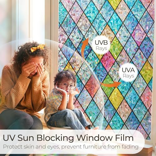 Beautysaid Rainbow Privacy Window Film: Stained Glass, No-Glue Frosted Window Film, Static Cling Film (Multicolor, 90x400cm