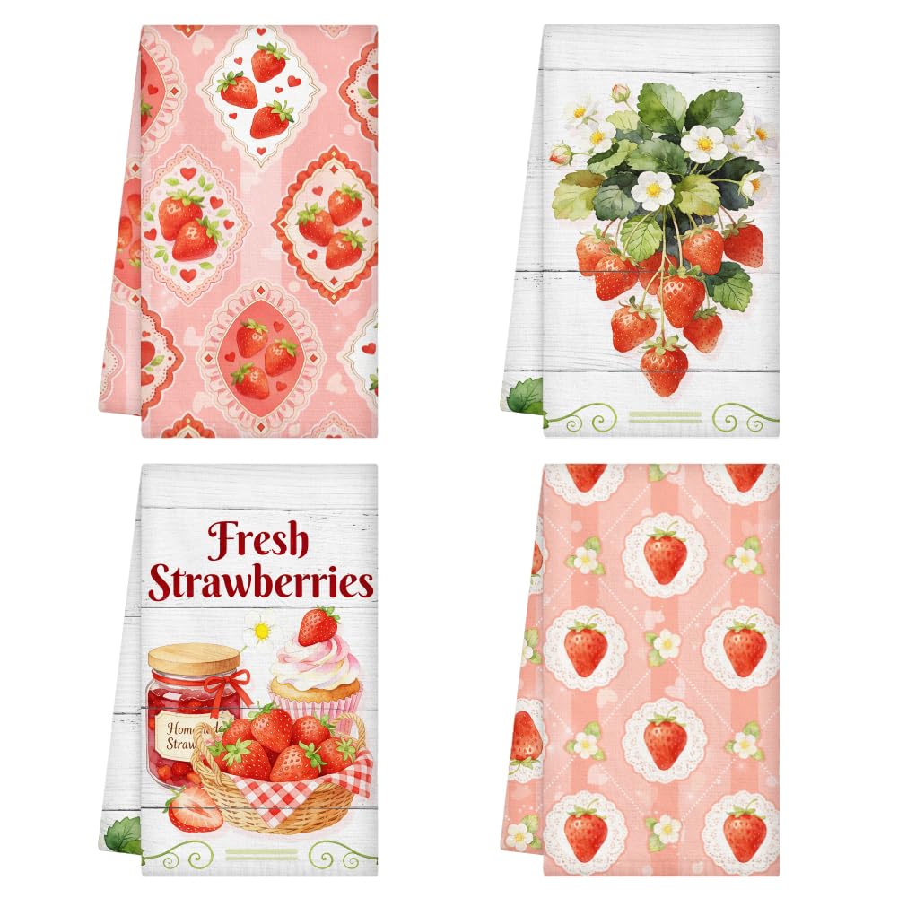 WADORN 4 Styles Strawberry Kitchen Towels, 18 x 26 Inch Microfiber Strawberry Decorative Hand Dish Towels Spring Summer Soft Absorbent Quick Drying