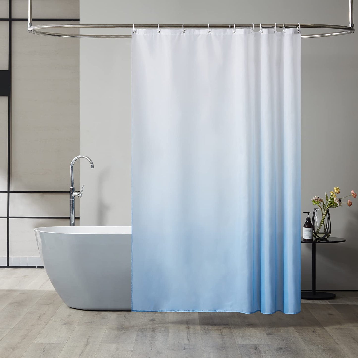Furlinic Shower Curtain for Bathroom Mould Proof Polyester Fabric Wetroom Bath Curtains Waterproof Washable with 10 Hooks White to Sky Blue 60x72